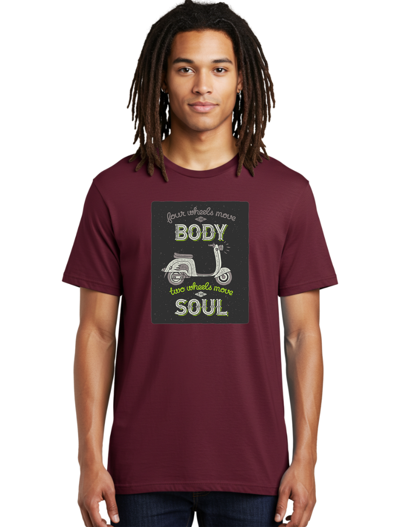 Four-Wheels-Move-The-Body-Two-Wheels-Move-The-Soul Men'S Graphic Tee, 100% Cotton, Comfortable Casual Summer Wear, Machine Washable, Vintage Scooter, Motivational Quote, Scooter Enthusiast, Soulful Ride, Freedom On Wheels, Biker Chic, Aac436 6