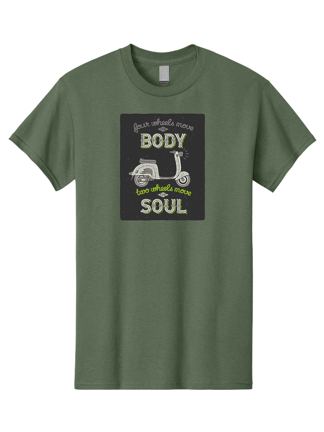 Four-Wheels-Move-The-Body-Two-Wheels-Move-The-Soul Men'S Graphic Tee, 100% Cotton, Comfortable Casual Summer Wear, Machine Washable, Vintage Scooter, Motivational Quote, Scooter Enthusiast, Soulful Ride, Freedom On Wheels, Biker Chic, Aac436 17