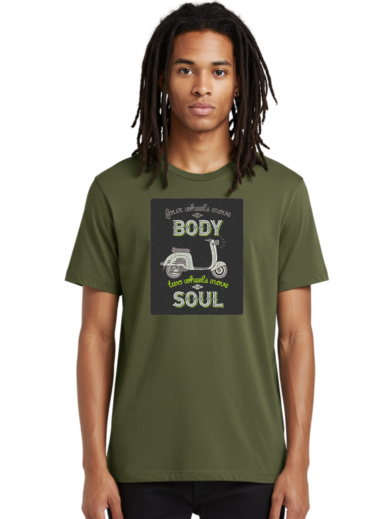 Four-Wheels-Move-The-Body-Two-Wheels-Move-The-Soul Men'S Graphic Tee, 100% Cotton, Comfortable Casual Summer Wear, Machine Washable, Vintage Scooter, Motivational Quote, Scooter Enthusiast, Soulful Ride, Freedom On Wheels, Biker Chic, Aac436 18