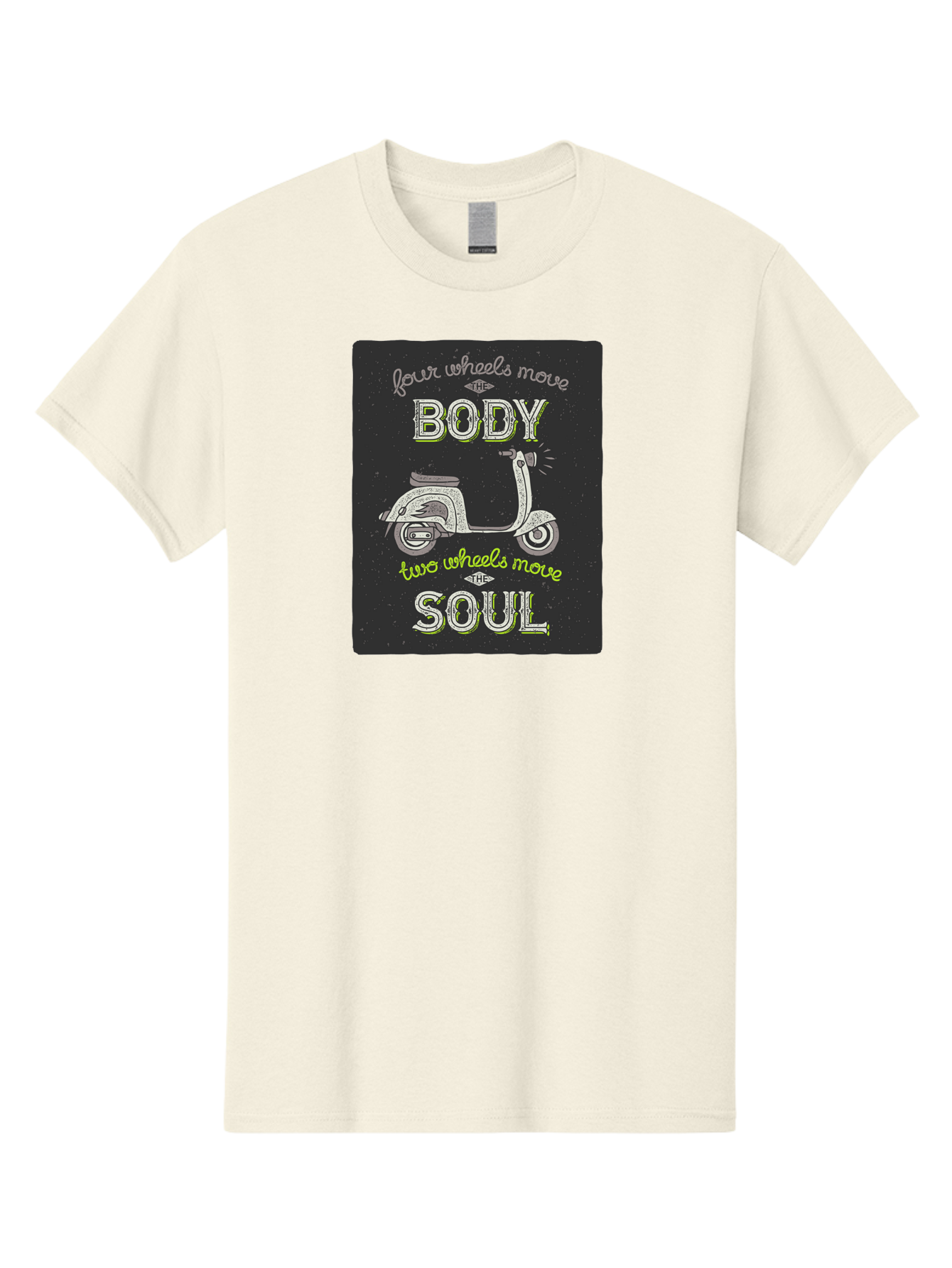 Four-Wheels-Move-The-Body-Two-Wheels-Move-The-Soul Men'S Graphic Tee, 100% Cotton, Comfortable Casual Summer Wear, Machine Washable, Vintage Scooter, Motivational Quote, Scooter Enthusiast, Soulful Ride, Freedom On Wheels, Biker Chic, Aac436 29