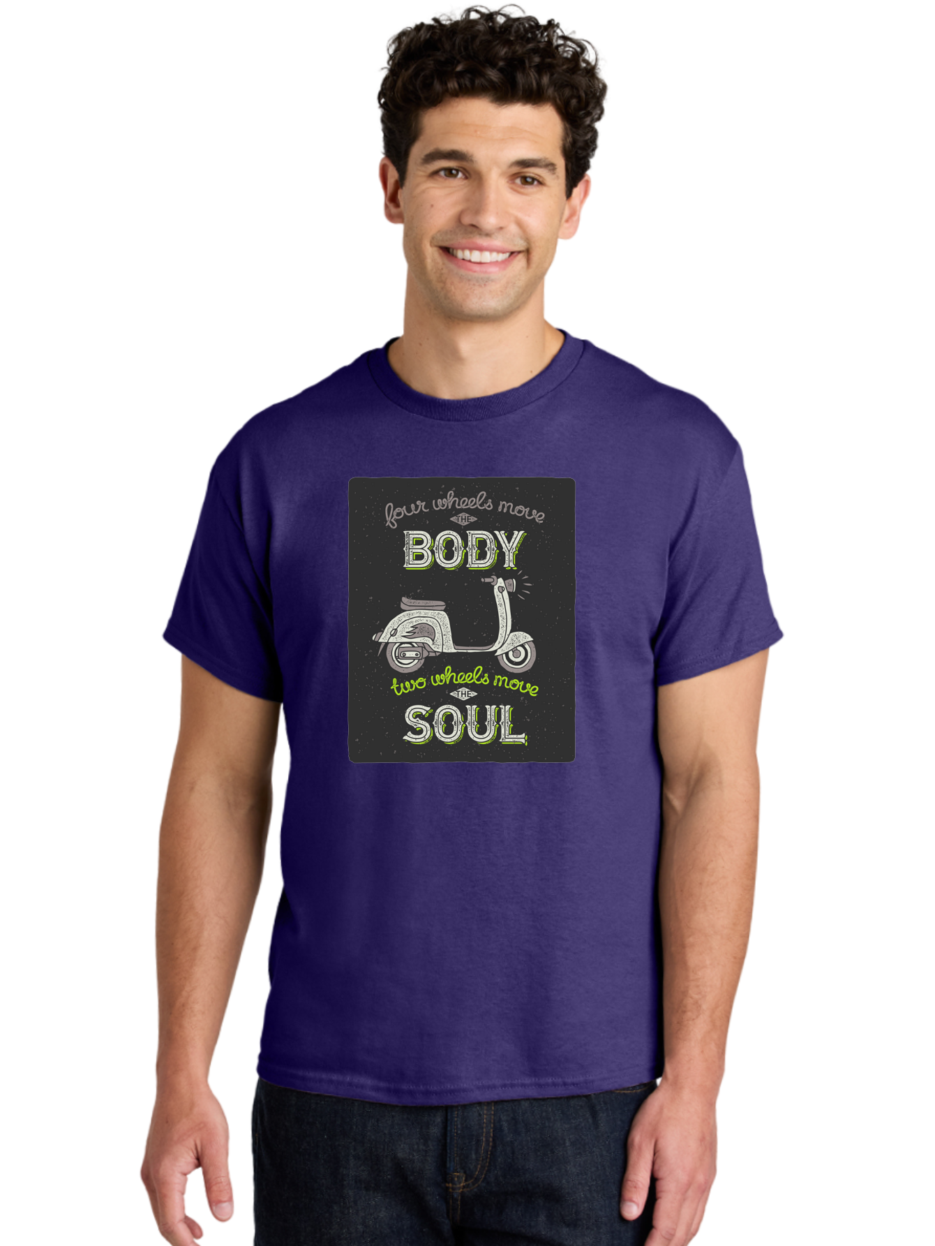 Four-Wheels-Move-The-Body-Two-Wheels-Move-The-Soul Men'S Graphic Tee, 100% Cotton, Comfortable Casual Summer Wear, Machine Washable, Vintage Scooter, Motivational Quote, Scooter Enthusiast, Soulful Ride, Freedom On Wheels, Biker Chic, Aac436 10