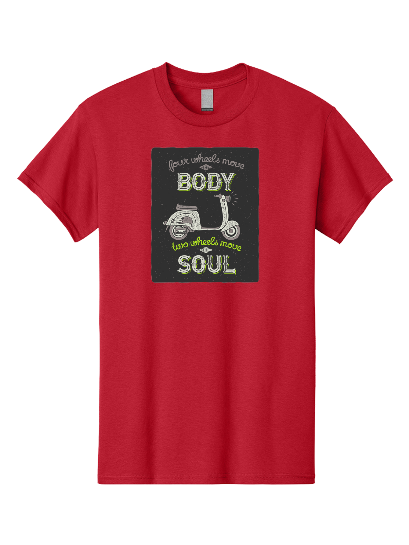 Four-Wheels-Move-The-Body-Two-Wheels-Move-The-Soul Men'S Graphic Tee, 100% Cotton, Comfortable Casual Summer Wear, Machine Washable, Vintage Scooter, Motivational Quote, Scooter Enthusiast, Soulful Ride, Freedom On Wheels, Biker Chic, Aac436 13