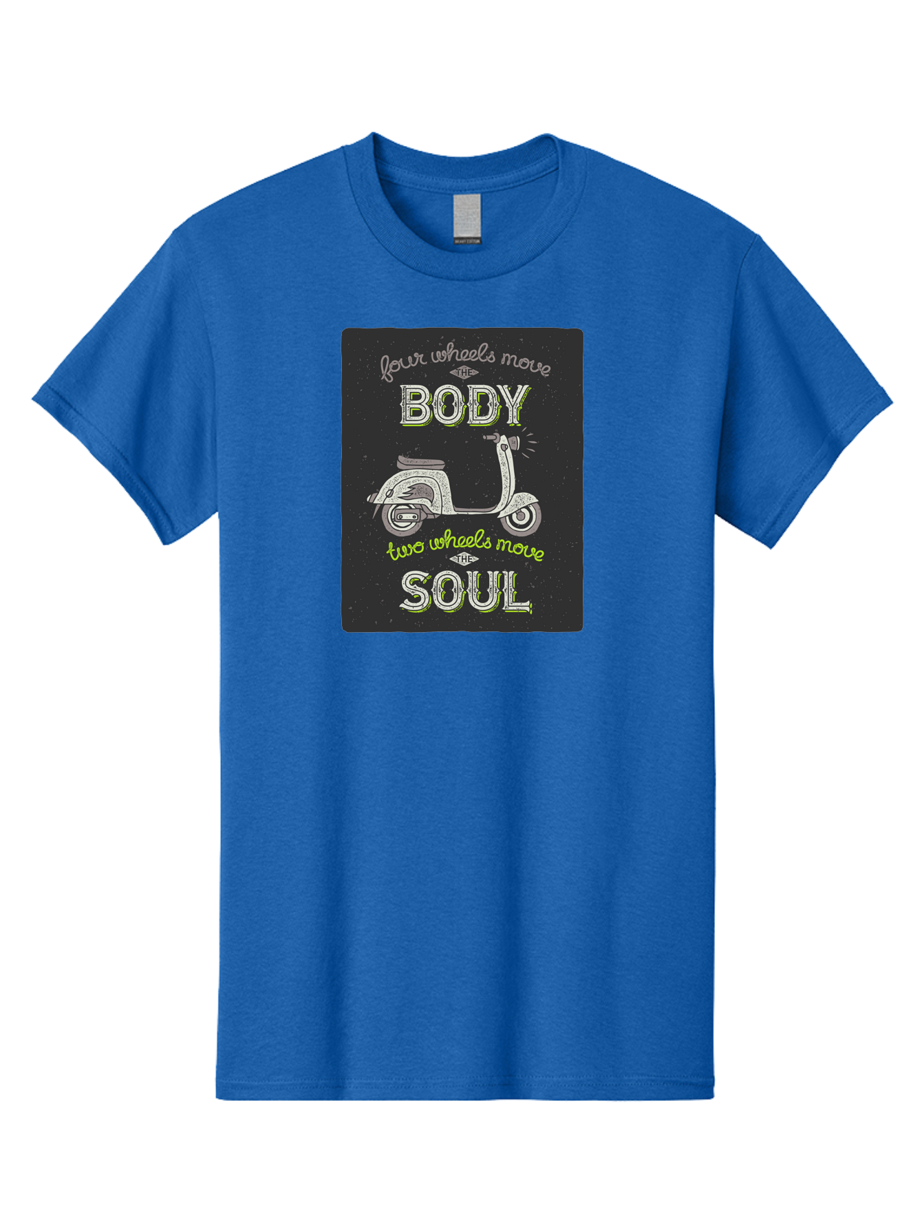 Four-Wheels-Move-The-Body-Two-Wheels-Move-The-Soul Men'S Graphic Tee, 100% Cotton, Comfortable Casual Summer Wear, Machine Washable, Vintage Scooter, Motivational Quote, Scooter Enthusiast, Soulful Ride, Freedom On Wheels, Biker Chic, Aac436 3