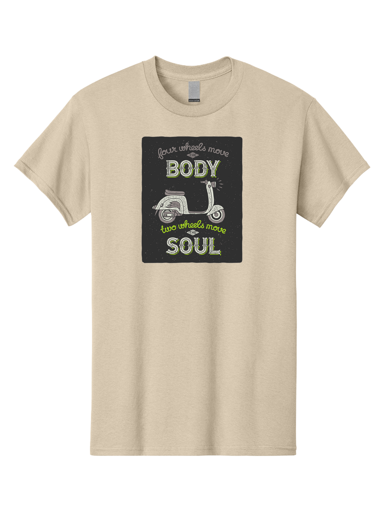 Four-Wheels-Move-The-Body-Two-Wheels-Move-The-Soul Men'S Graphic Tee, 100% Cotton, Comfortable Casual Summer Wear, Machine Washable, Vintage Scooter, Motivational Quote, Scooter Enthusiast, Soulful Ride, Freedom On Wheels, Biker Chic, Aac436 15