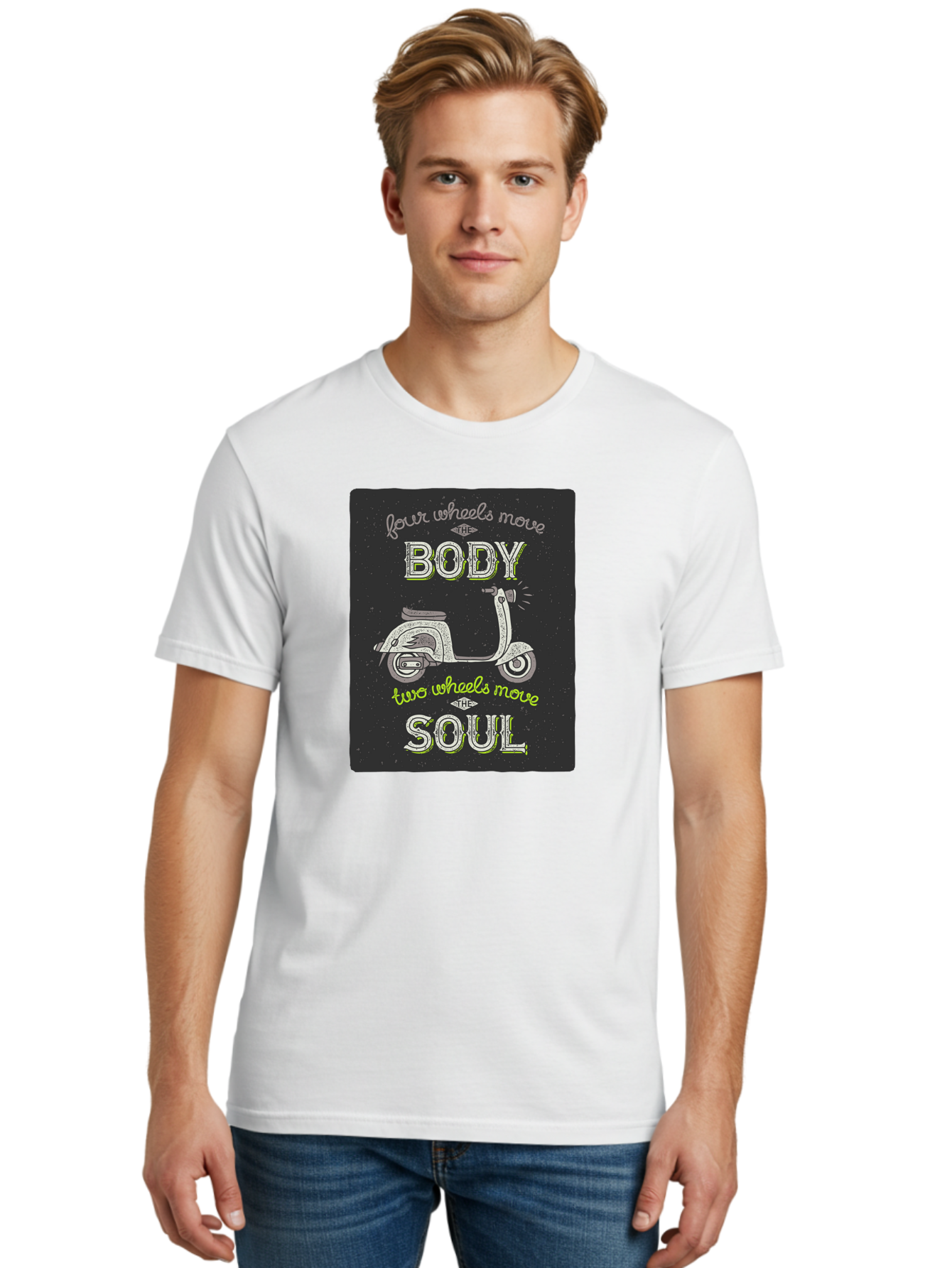 Four-Wheels-Move-The-Body-Two-Wheels-Move-The-Soul Men'S Graphic Tee, 100% Cotton, Comfortable Casual Summer Wear, Machine Washable, Vintage Scooter, Motivational Quote, Scooter Enthusiast, Soulful Ride, Freedom On Wheels, Biker Chic, Aac436 20