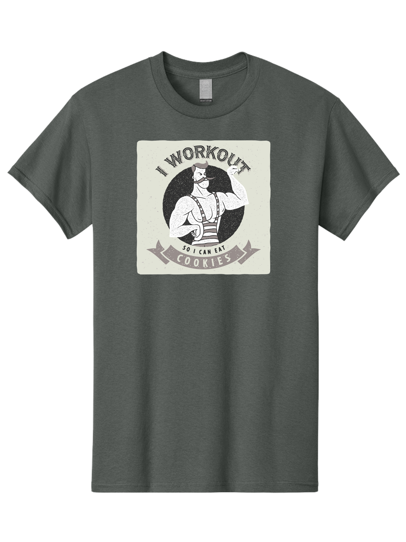 I-Workout-So-I-Can-Eat-Cookies Men'S Graphic Tee, 100% Cotton, Comfortable Casual Summer Wear, Machine Washable, Vintage Fitness Illustration, Muscular Man With Handlebar Mustache, Comic Style Graphic, Humorous Workout Quote, Flexing Muscles, Aac438 23