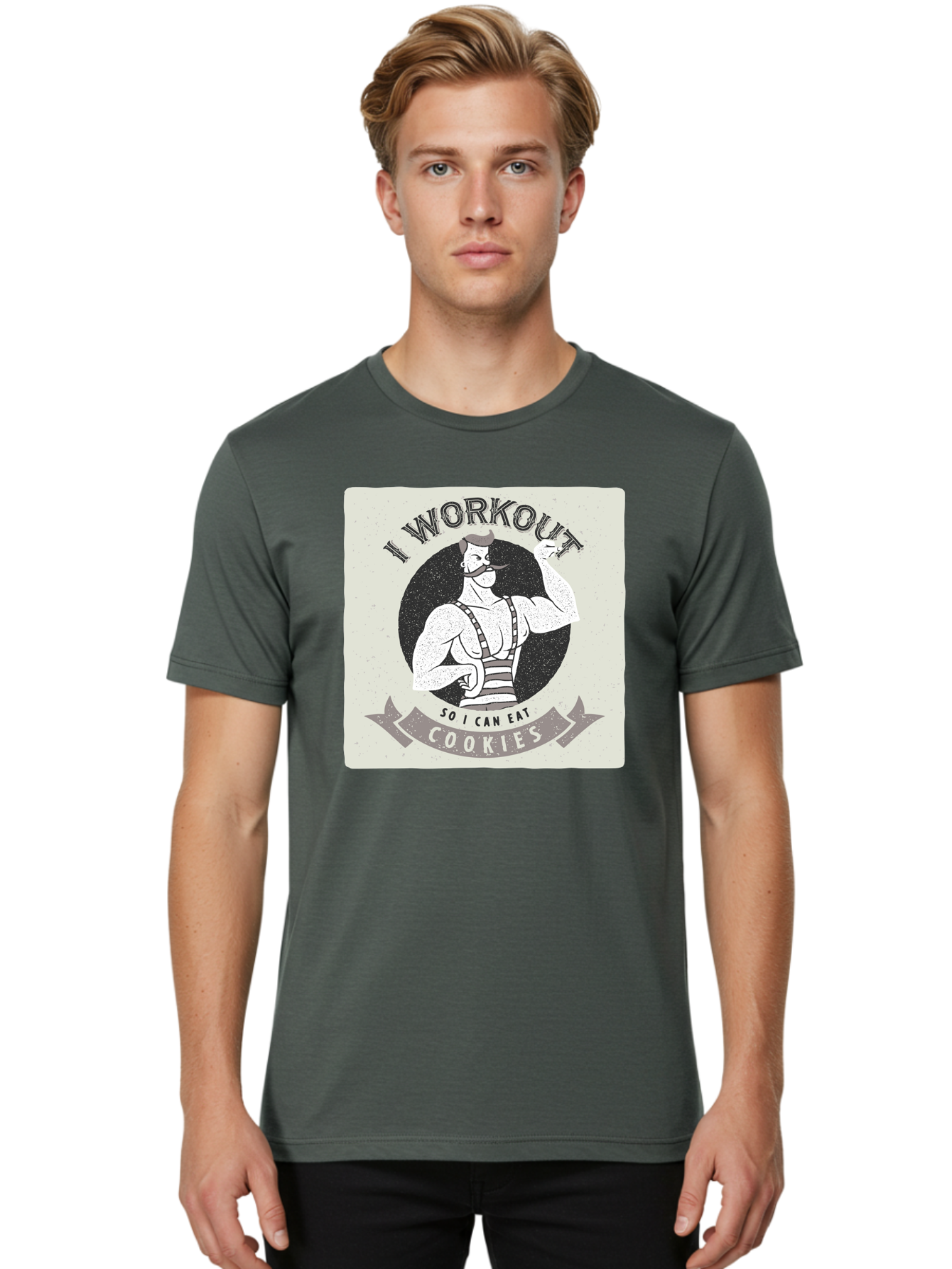 I-Workout-So-I-Can-Eat-Cookies Men'S Graphic Tee, 100% Cotton, Comfortable Casual Summer Wear, Machine Washable, Vintage Fitness Illustration, Muscular Man With Handlebar Mustache, Comic Style Graphic, Humorous Workout Quote, Flexing Muscles, Aac438 24