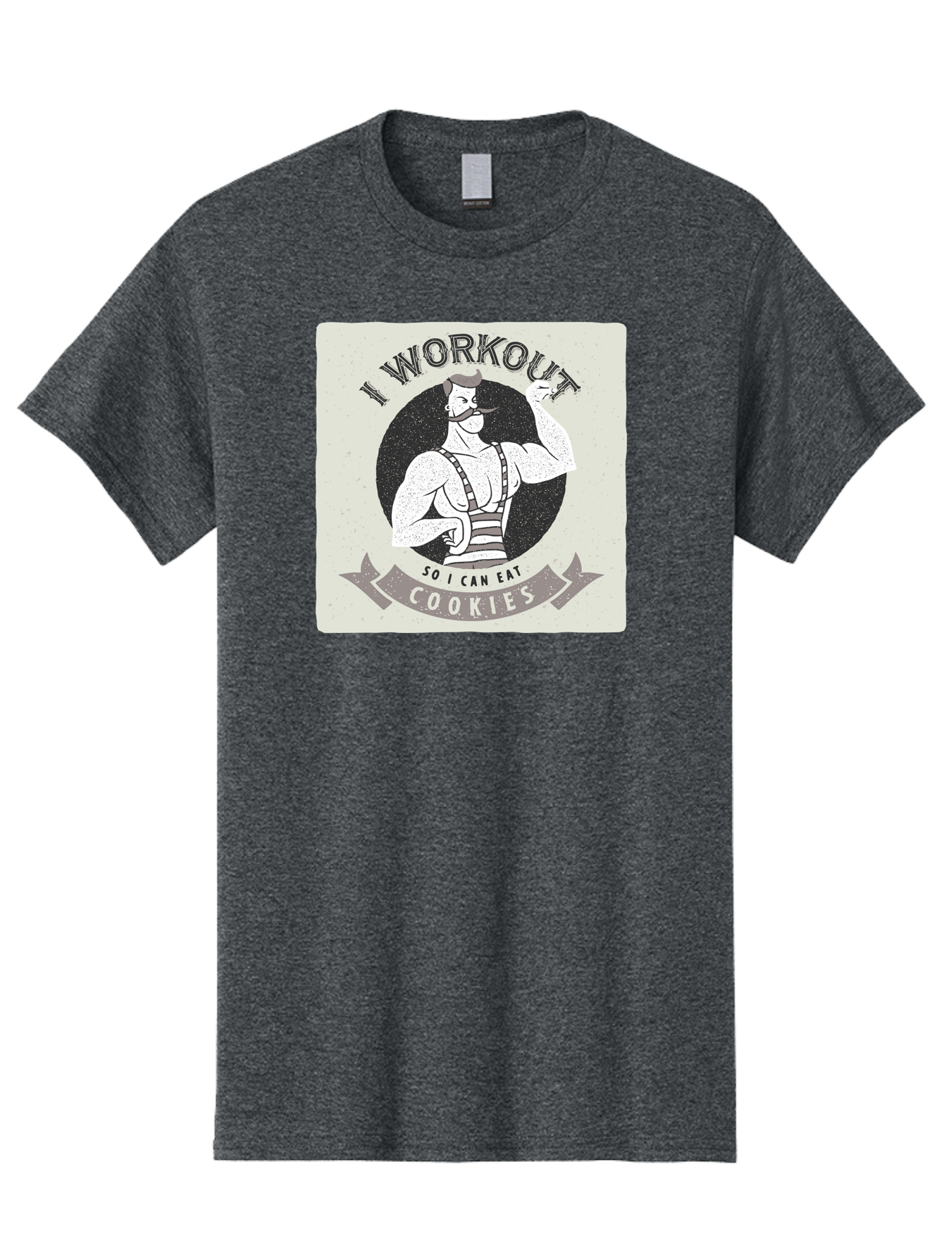 I-Workout-So-I-Can-Eat-Cookies Men'S Graphic Tee, 100% Cotton, Comfortable Casual Summer Wear, Machine Washable, Vintage Fitness Illustration, Muscular Man With Handlebar Mustache, Comic Style Graphic, Humorous Workout Quote, Flexing Muscles, Aac438 3