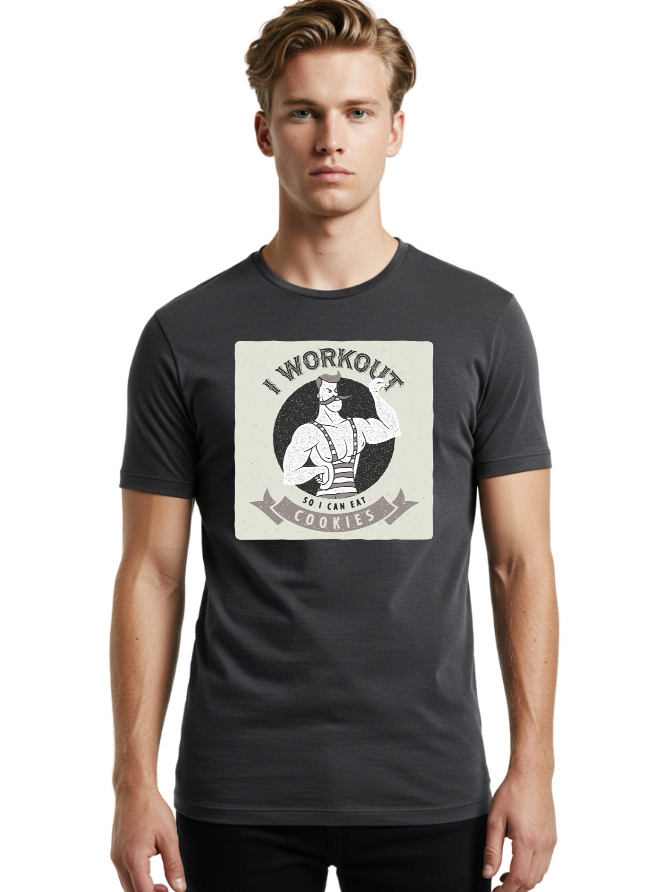 I-Workout-So-I-Can-Eat-Cookies Men'S Graphic Tee, 100% Cotton, Comfortable Casual Summer Wear, Machine Washable, Vintage Fitness Illustration, Muscular Man With Handlebar Mustache, Comic Style Graphic, Humorous Workout Quote, Flexing Muscles, Aac438 4