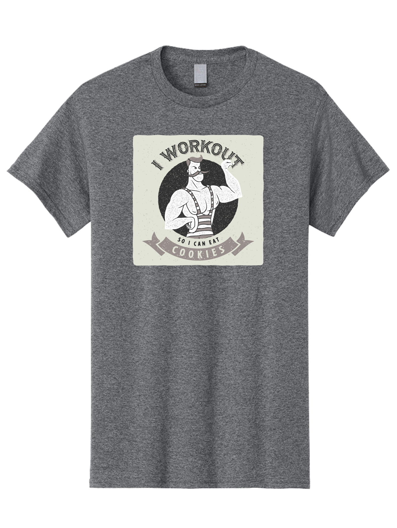 I-Workout-So-I-Can-Eat-Cookies Men'S Graphic Tee, 100% Cotton, Comfortable Casual Summer Wear, Machine Washable, Vintage Fitness Illustration, Muscular Man With Handlebar Mustache, Comic Style Graphic, Humorous Workout Quote, Flexing Muscles, Aac438 17