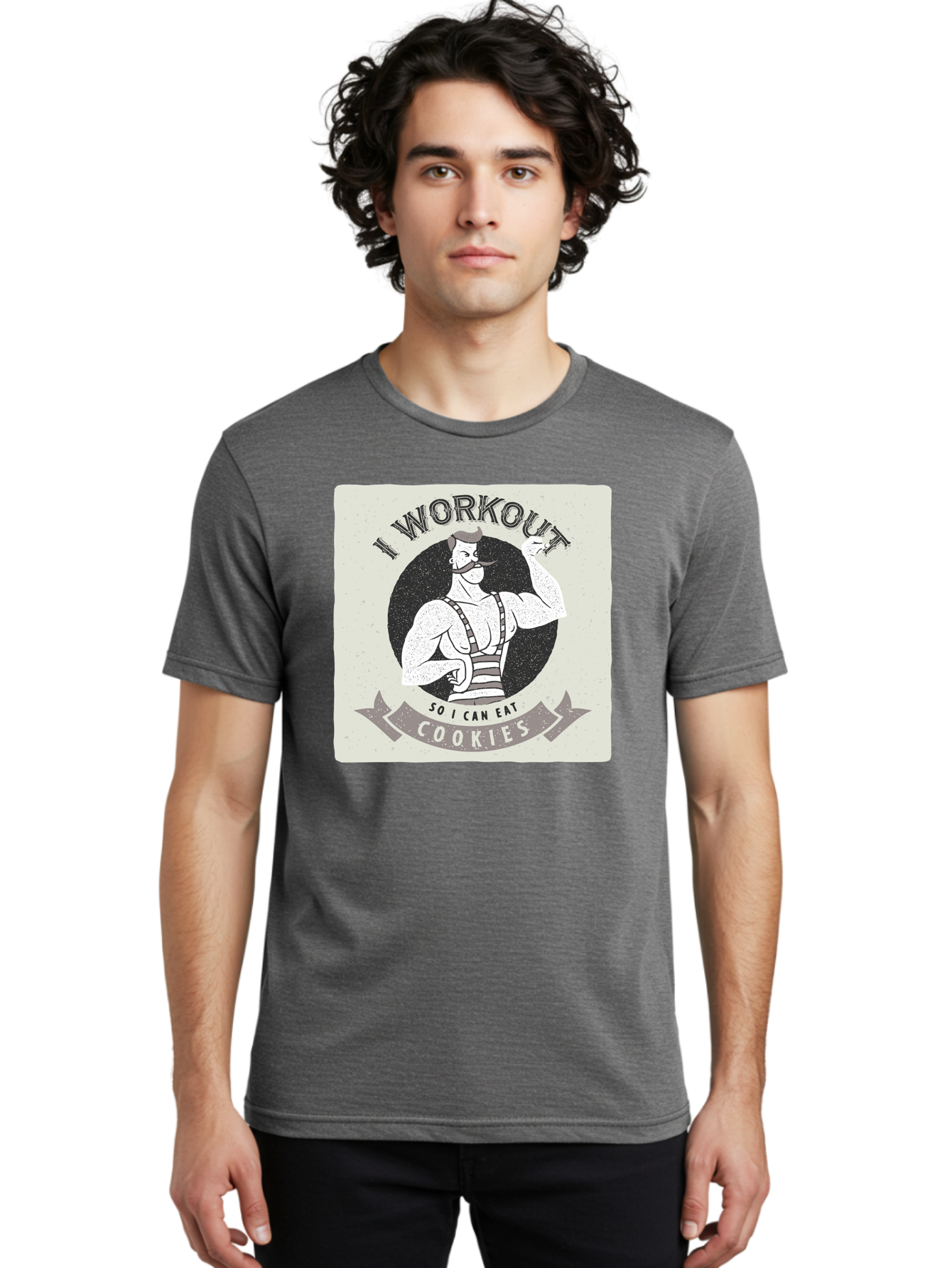 I-Workout-So-I-Can-Eat-Cookies Men'S Graphic Tee, 100% Cotton, Comfortable Casual Summer Wear, Machine Washable, Vintage Fitness Illustration, Muscular Man With Handlebar Mustache, Comic Style Graphic, Humorous Workout Quote, Flexing Muscles, Aac438 18