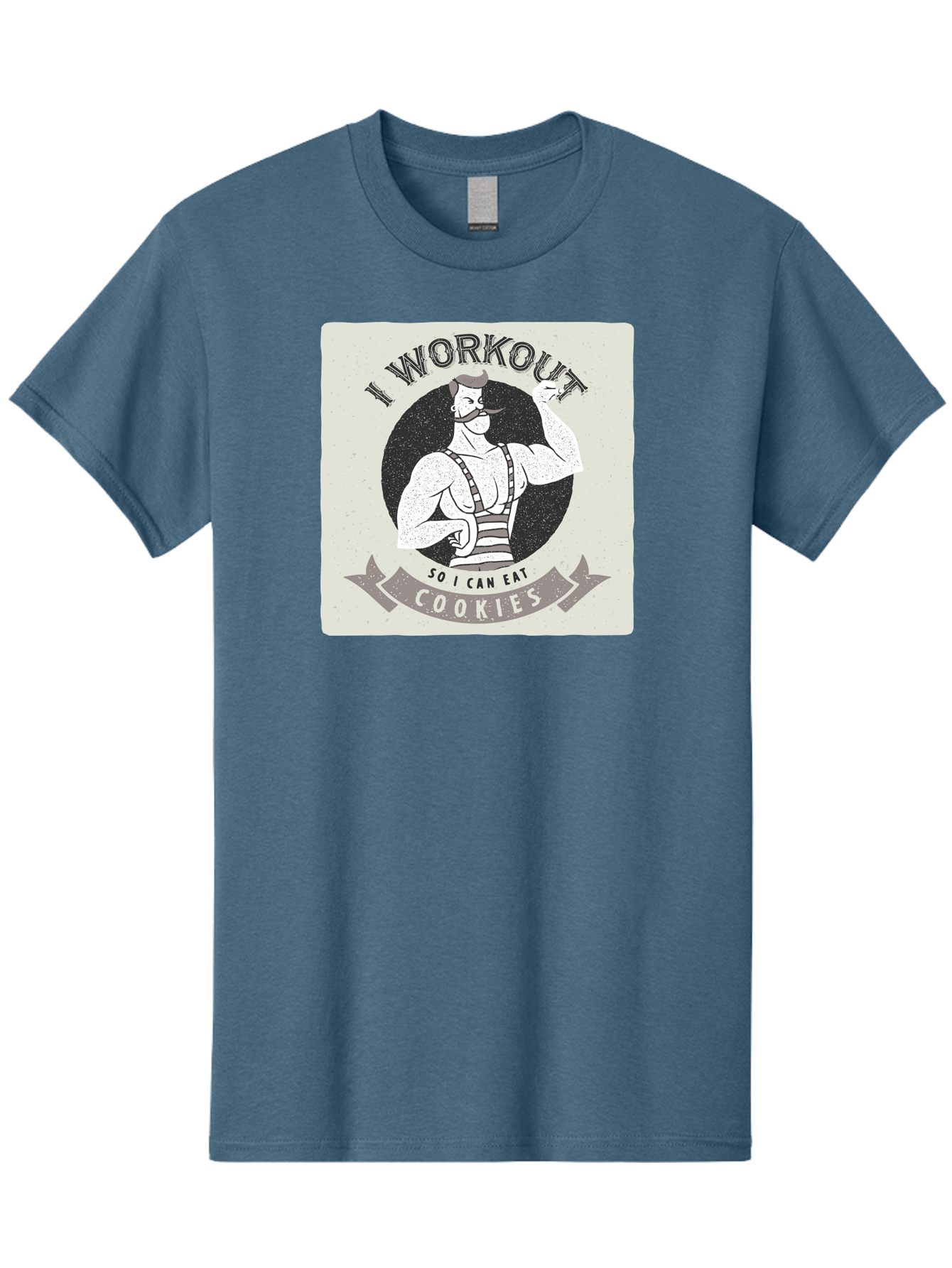 I-Workout-So-I-Can-Eat-Cookies Men'S Graphic Tee, 100% Cotton, Comfortable Casual Summer Wear, Machine Washable, Vintage Fitness Illustration, Muscular Man With Handlebar Mustache, Comic Style Graphic, Humorous Workout Quote, Flexing Muscles, Aac438 7