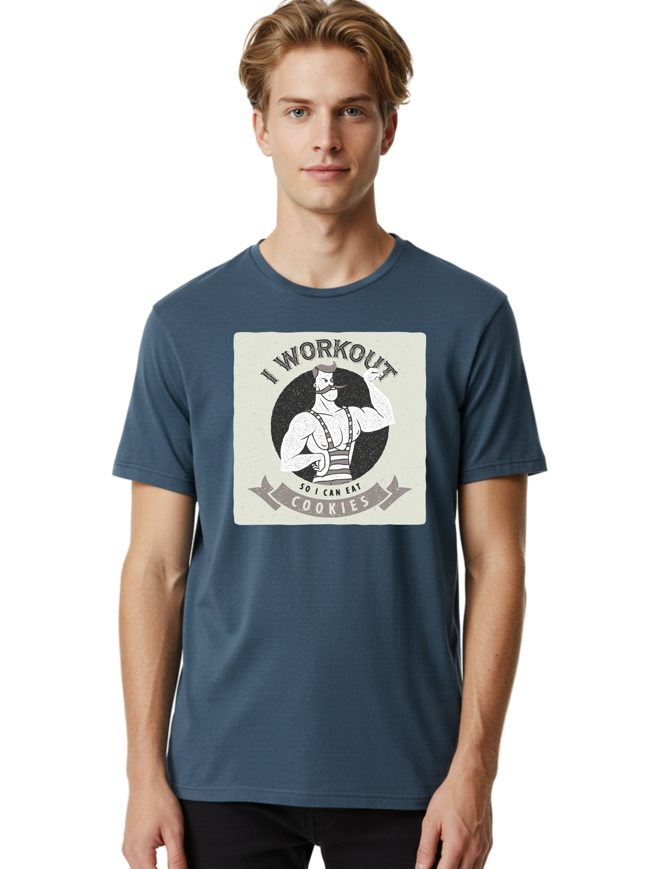 I-Workout-So-I-Can-Eat-Cookies Men'S Graphic Tee, 100% Cotton, Comfortable Casual Summer Wear, Machine Washable, Vintage Fitness Illustration, Muscular Man With Handlebar Mustache, Comic Style Graphic, Humorous Workout Quote, Flexing Muscles, Aac438 8