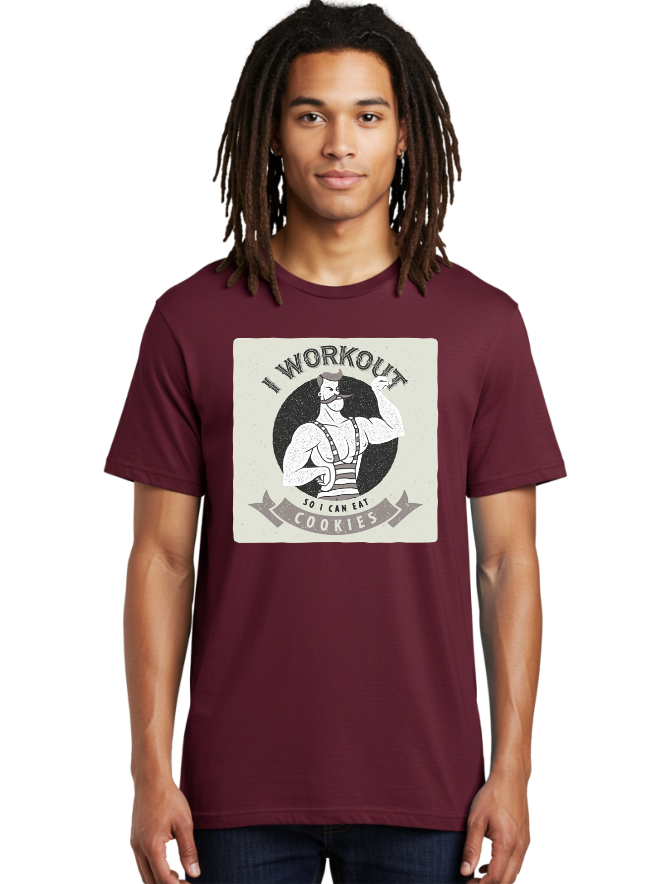 I-Workout-So-I-Can-Eat-Cookies Men'S Graphic Tee, 100% Cotton, Comfortable Casual Summer Wear, Machine Washable, Vintage Fitness Illustration, Muscular Man With Handlebar Mustache, Comic Style Graphic, Humorous Workout Quote, Flexing Muscles, Aac438 12