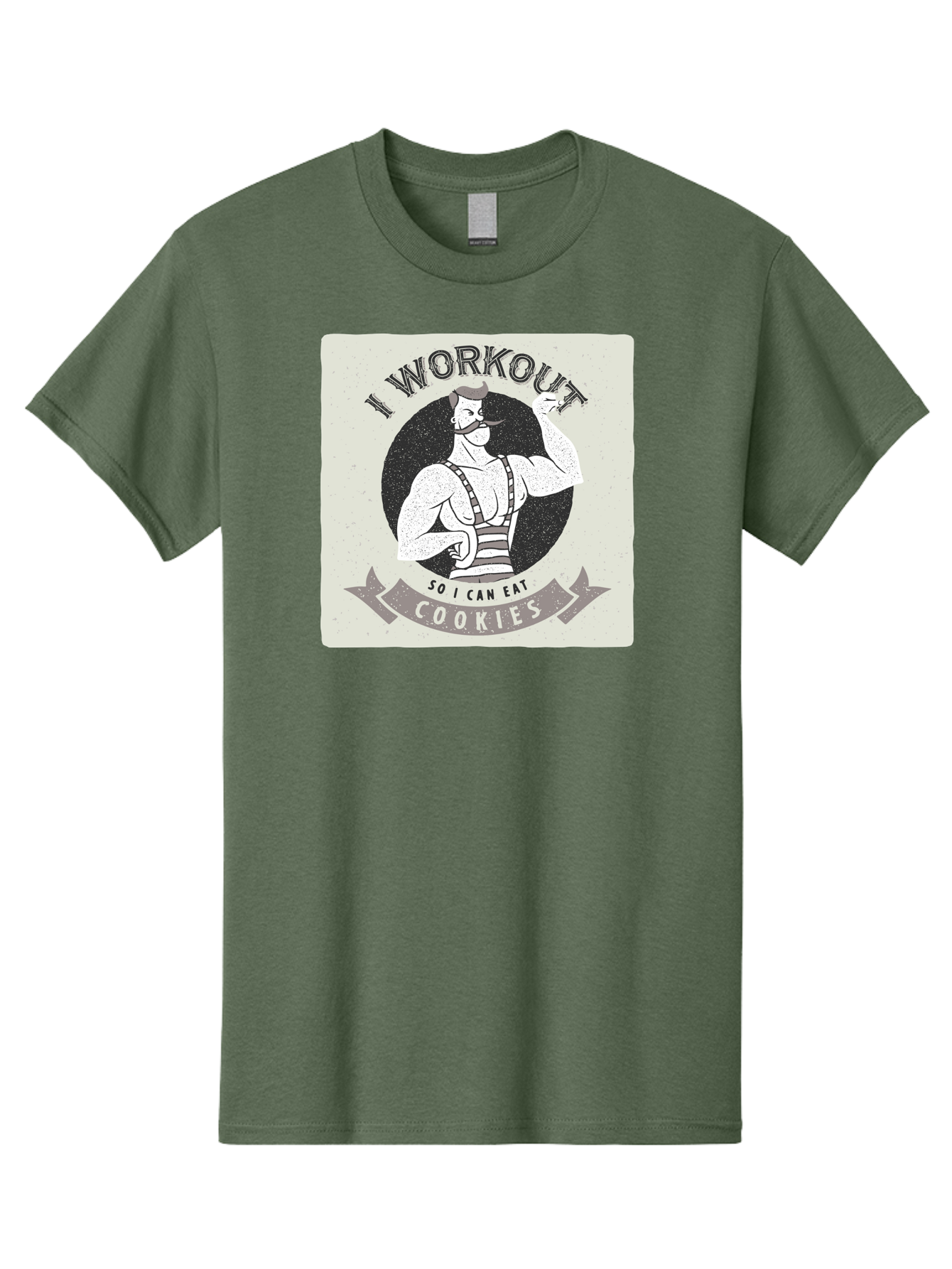 I-Workout-So-I-Can-Eat-Cookies Men'S Graphic Tee, 100% Cotton, Comfortable Casual Summer Wear, Machine Washable, Vintage Fitness Illustration, Muscular Man With Handlebar Mustache, Comic Style Graphic, Humorous Workout Quote, Flexing Muscles, Aac438 25