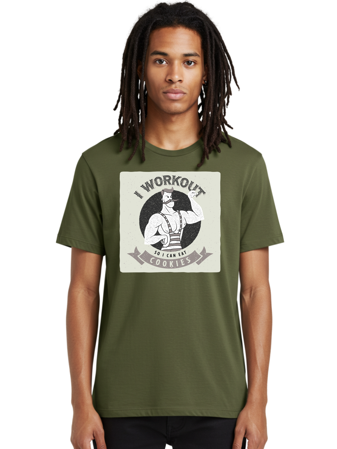 I-Workout-So-I-Can-Eat-Cookies Men'S Graphic Tee, 100% Cotton, Comfortable Casual Summer Wear, Machine Washable, Vintage Fitness Illustration, Muscular Man With Handlebar Mustache, Comic Style Graphic, Humorous Workout Quote, Flexing Muscles, Aac438 26