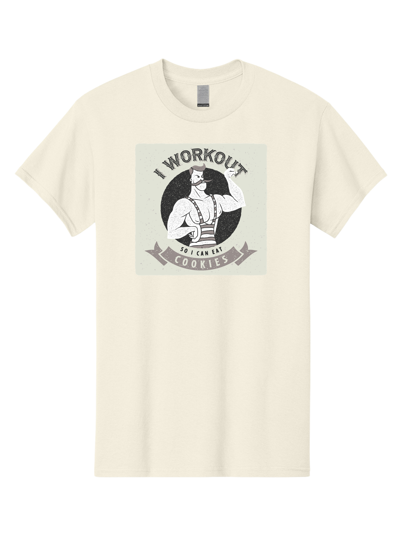 I-Workout-So-I-Can-Eat-Cookies Men'S Graphic Tee, 100% Cotton, Comfortable Casual Summer Wear, Machine Washable, Vintage Fitness Illustration, Muscular Man With Handlebar Mustache, Comic Style Graphic, Humorous Workout Quote, Flexing Muscles, Aac438 19