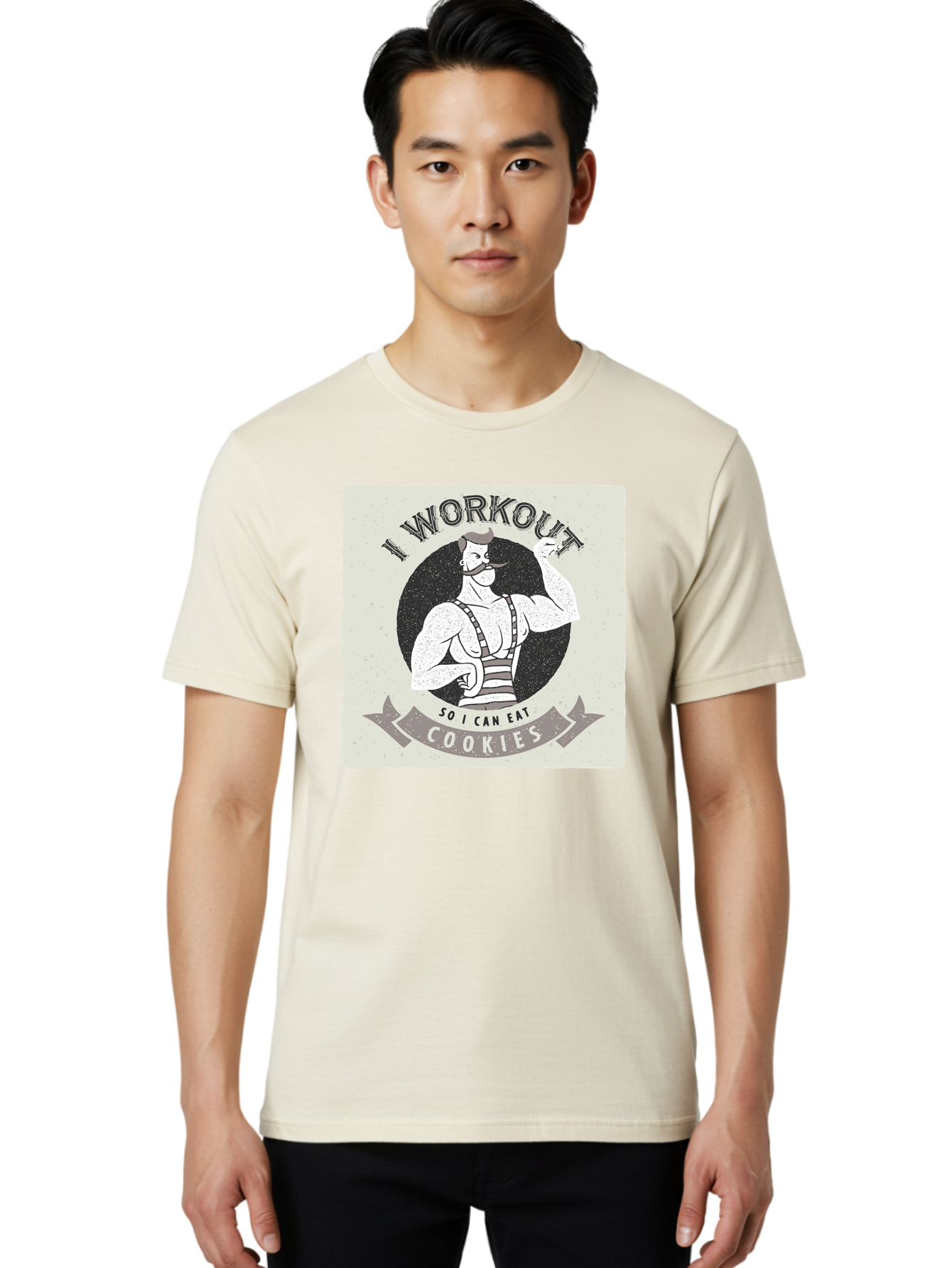I-Workout-So-I-Can-Eat-Cookies Men'S Graphic Tee, 100% Cotton, Comfortable Casual Summer Wear, Machine Washable, Vintage Fitness Illustration, Muscular Man With Handlebar Mustache, Comic Style Graphic, Humorous Workout Quote, Flexing Muscles, Aac438 20