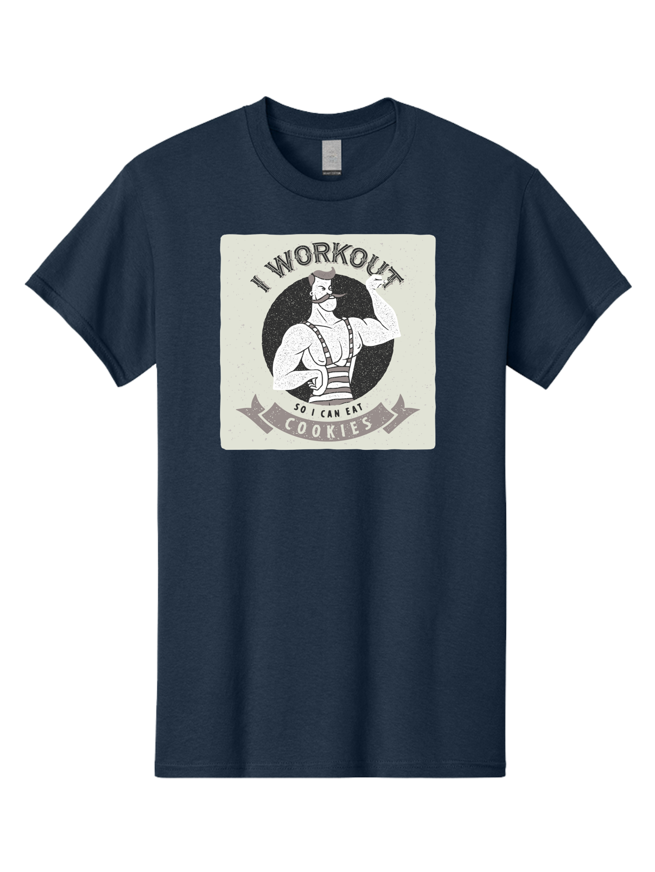 I-Workout-So-I-Can-Eat-Cookies Men'S Graphic Tee, 100% Cotton, Comfortable Casual Summer Wear, Machine Washable, Vintage Fitness Illustration, Muscular Man With Handlebar Mustache, Comic Style Graphic, Humorous Workout Quote, Flexing Muscles, Aac438 13