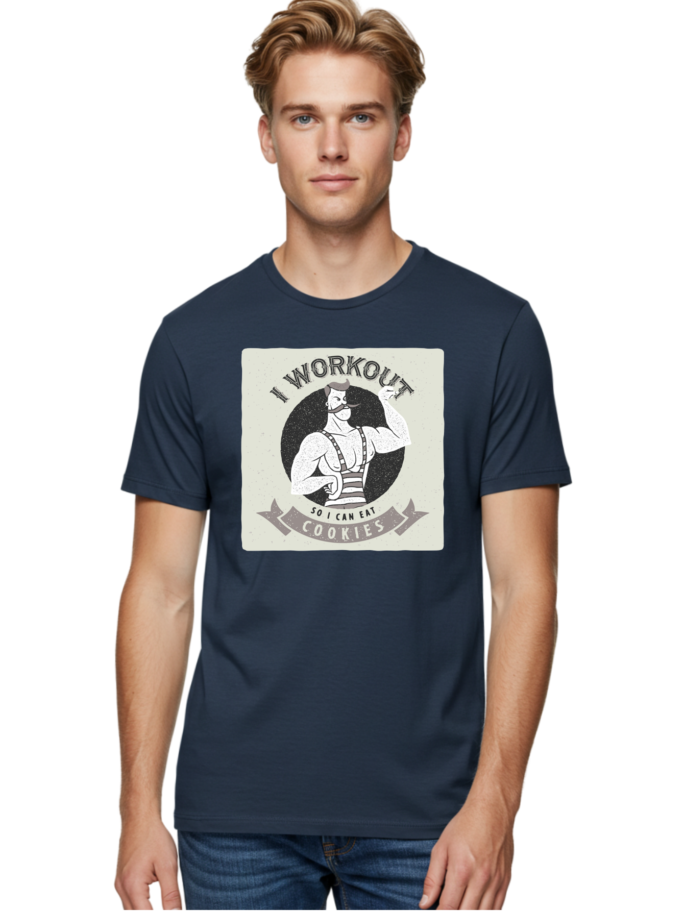 I-Workout-So-I-Can-Eat-Cookies Men'S Graphic Tee, 100% Cotton, Comfortable Casual Summer Wear, Machine Washable, Vintage Fitness Illustration, Muscular Man With Handlebar Mustache, Comic Style Graphic, Humorous Workout Quote, Flexing Muscles, Aac438 14