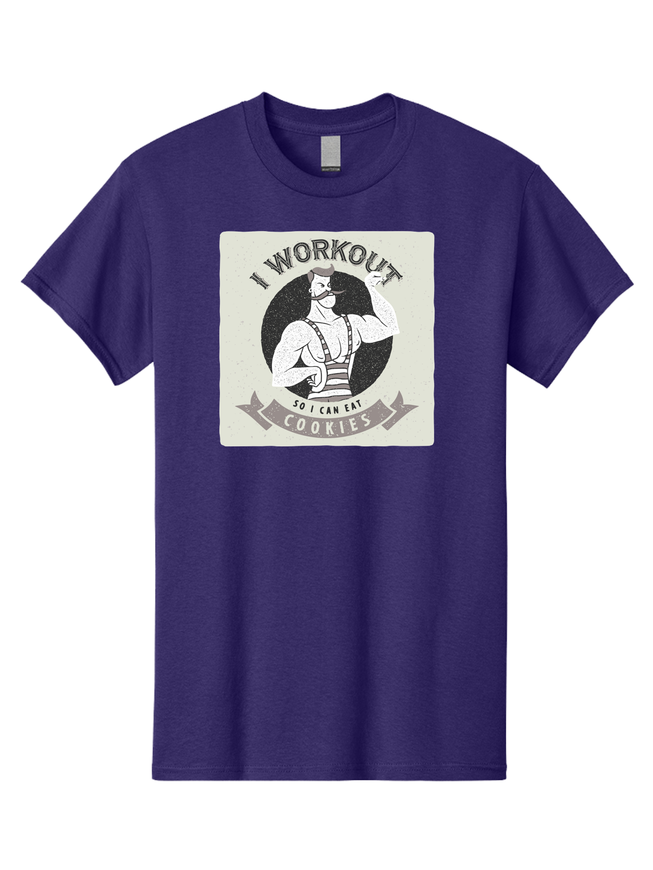 I-Workout-So-I-Can-Eat-Cookies Men'S Graphic Tee, 100% Cotton, Comfortable Casual Summer Wear, Machine Washable, Vintage Fitness Illustration, Muscular Man With Handlebar Mustache, Comic Style Graphic, Humorous Workout Quote, Flexing Muscles, Aac438 1