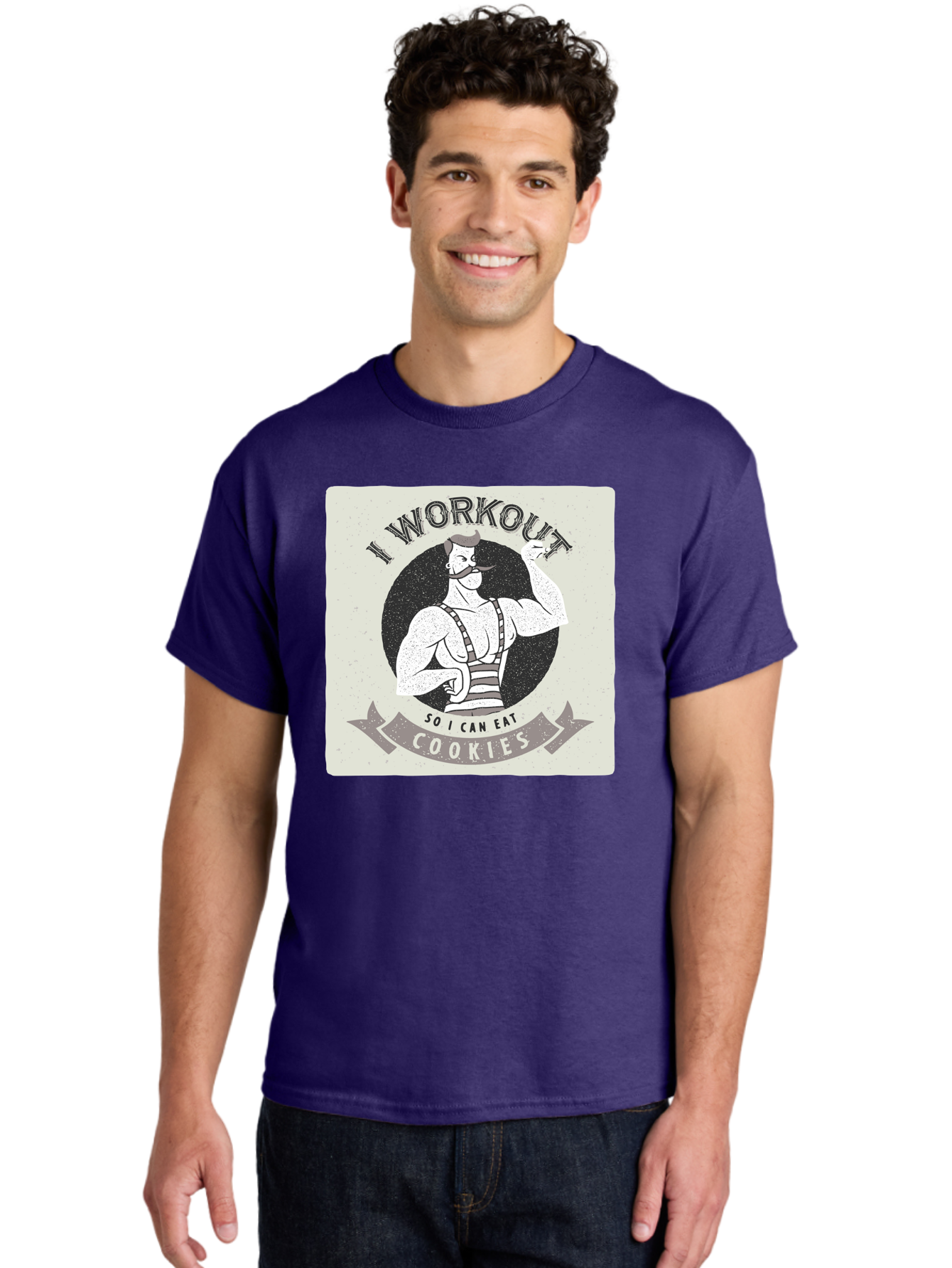 I-Workout-So-I-Can-Eat-Cookies Men'S Graphic Tee, 100% Cotton, Comfortable Casual Summer Wear, Machine Washable, Vintage Fitness Illustration, Muscular Man With Handlebar Mustache, Comic Style Graphic, Humorous Workout Quote, Flexing Muscles, Aac438 2