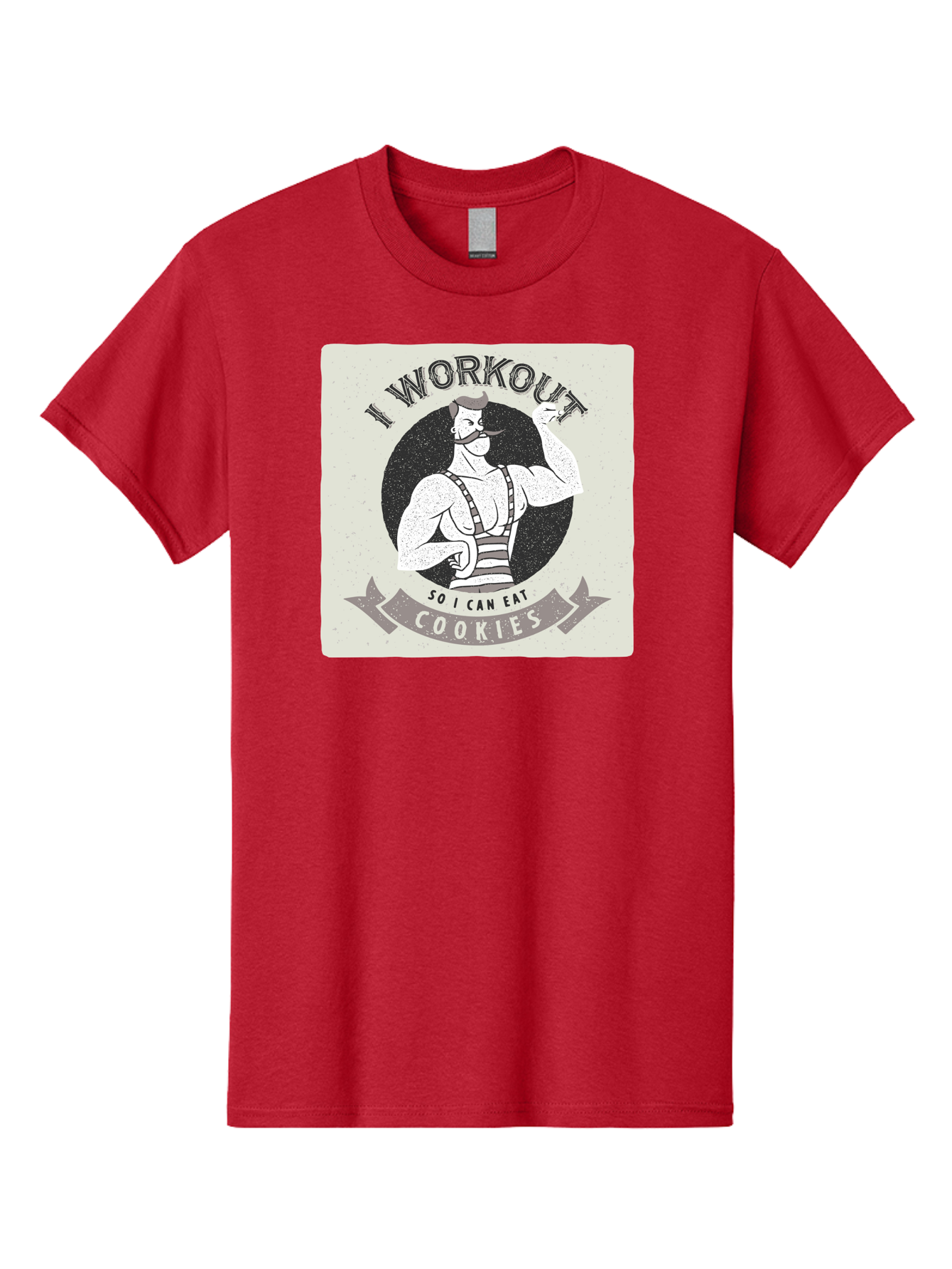 I-Workout-So-I-Can-Eat-Cookies Men'S Graphic Tee, 100% Cotton, Comfortable Casual Summer Wear, Machine Washable, Vintage Fitness Illustration, Muscular Man With Handlebar Mustache, Comic Style Graphic, Humorous Workout Quote, Flexing Muscles, Aac438 15
