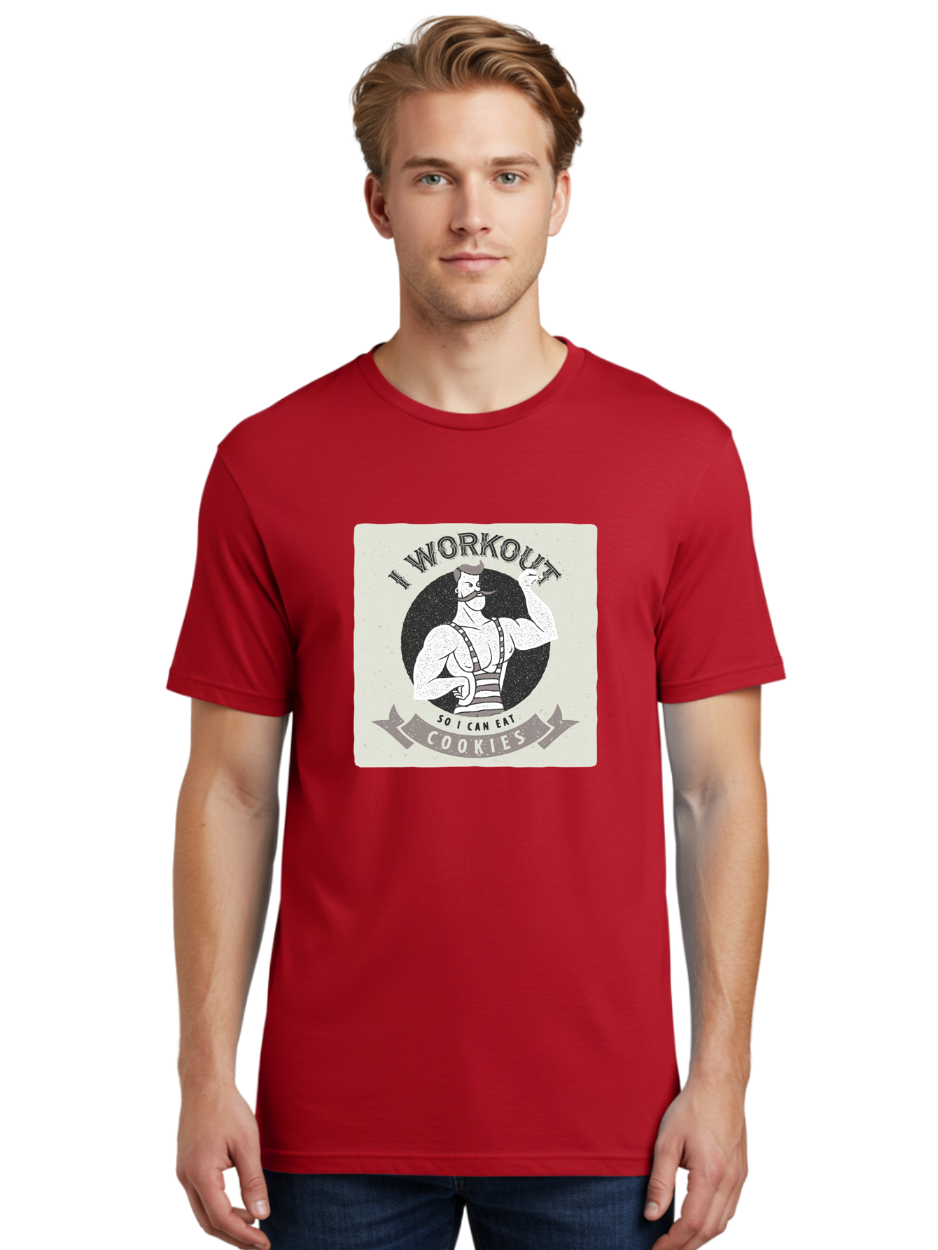 I-Workout-So-I-Can-Eat-Cookies Men'S Graphic Tee, 100% Cotton, Comfortable Casual Summer Wear, Machine Washable, Vintage Fitness Illustration, Muscular Man With Handlebar Mustache, Comic Style Graphic, Humorous Workout Quote, Flexing Muscles, Aac438 16