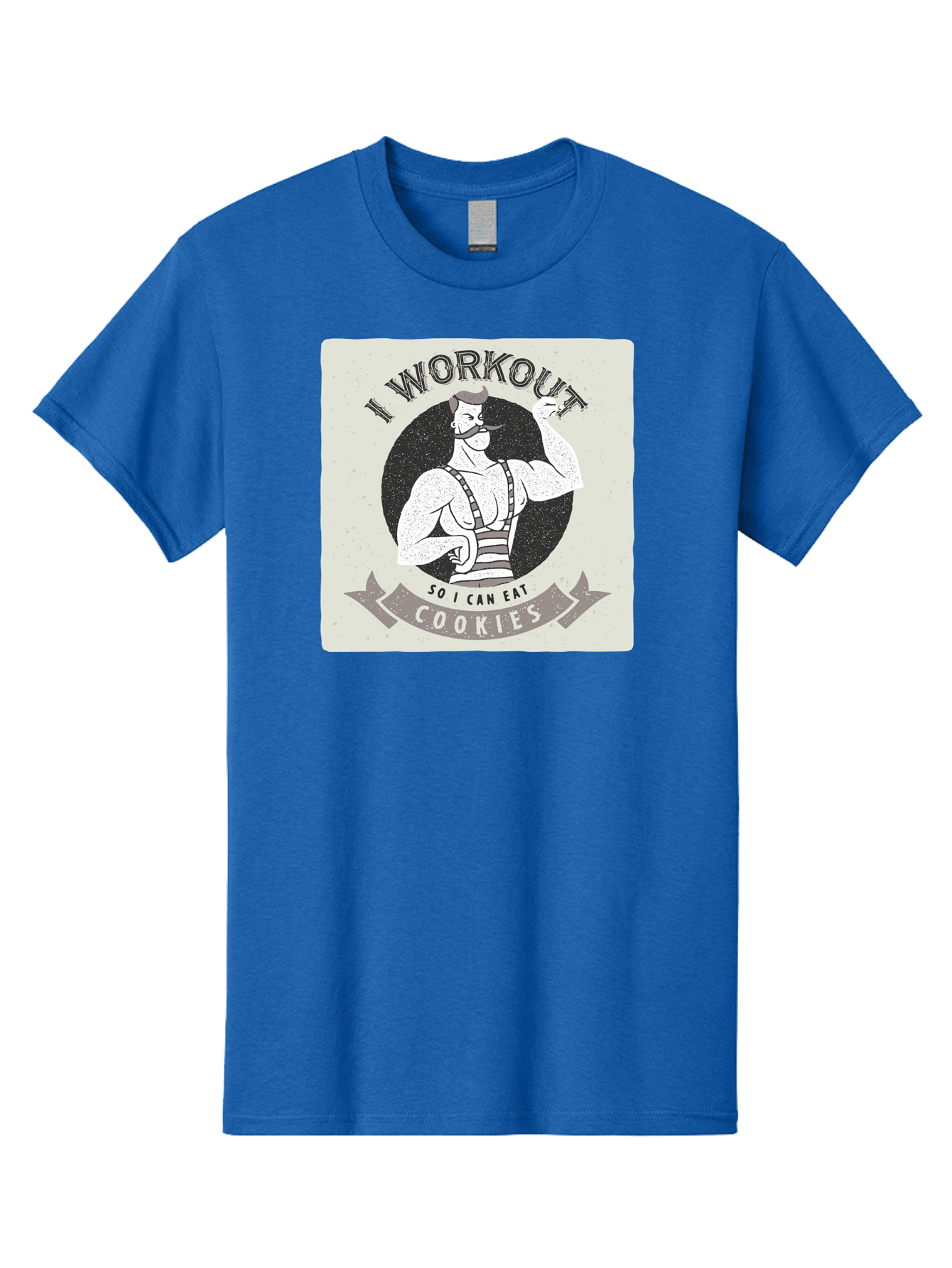 I-Workout-So-I-Can-Eat-Cookies Men'S Graphic Tee, 100% Cotton, Comfortable Casual Summer Wear, Machine Washable, Vintage Fitness Illustration, Muscular Man With Handlebar Mustache, Comic Style Graphic, Humorous Workout Quote, Flexing Muscles, Aac438 27