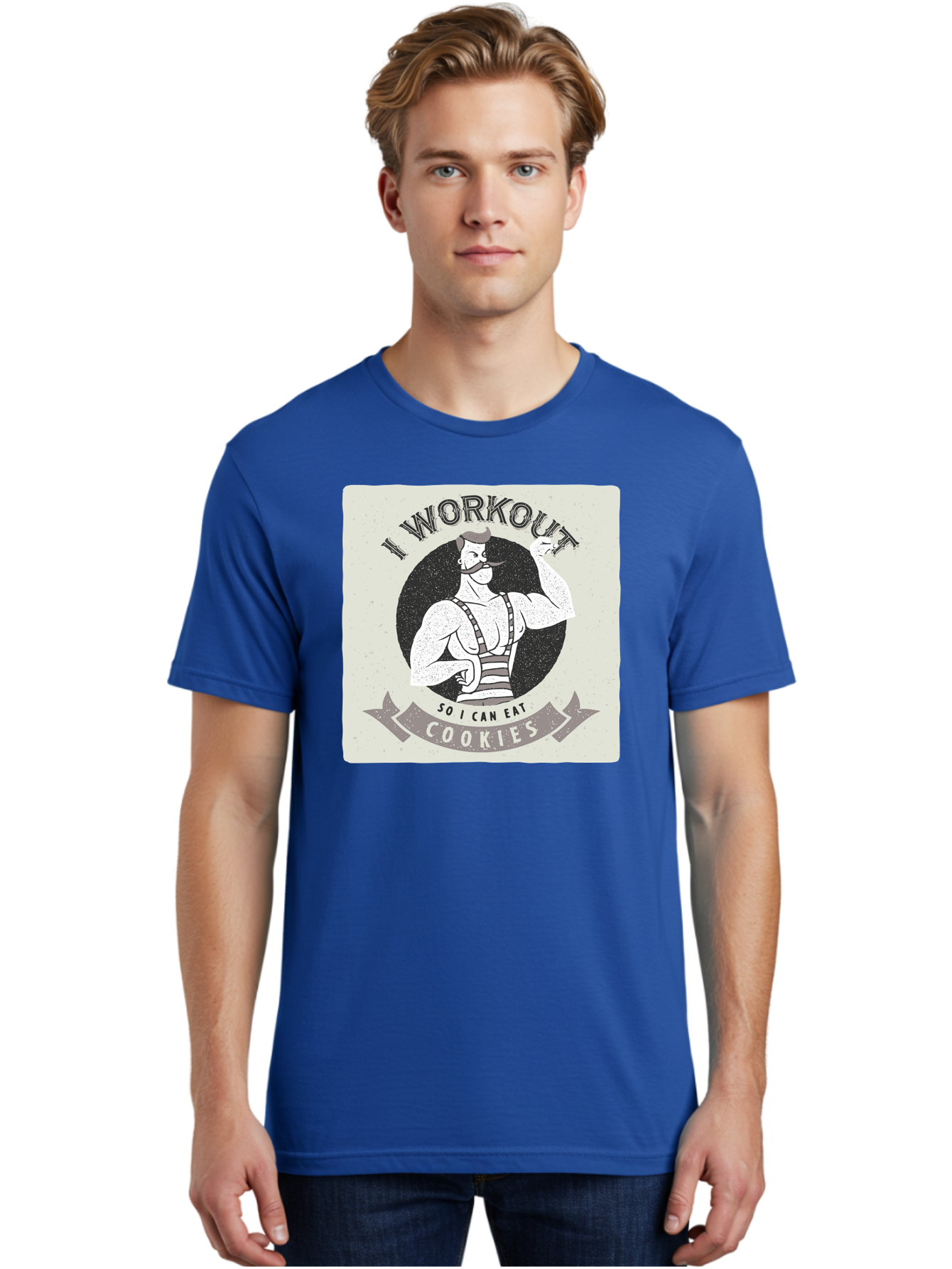 I-Workout-So-I-Can-Eat-Cookies Men'S Graphic Tee, 100% Cotton, Comfortable Casual Summer Wear, Machine Washable, Vintage Fitness Illustration, Muscular Man With Handlebar Mustache, Comic Style Graphic, Humorous Workout Quote, Flexing Muscles, Aac438 28