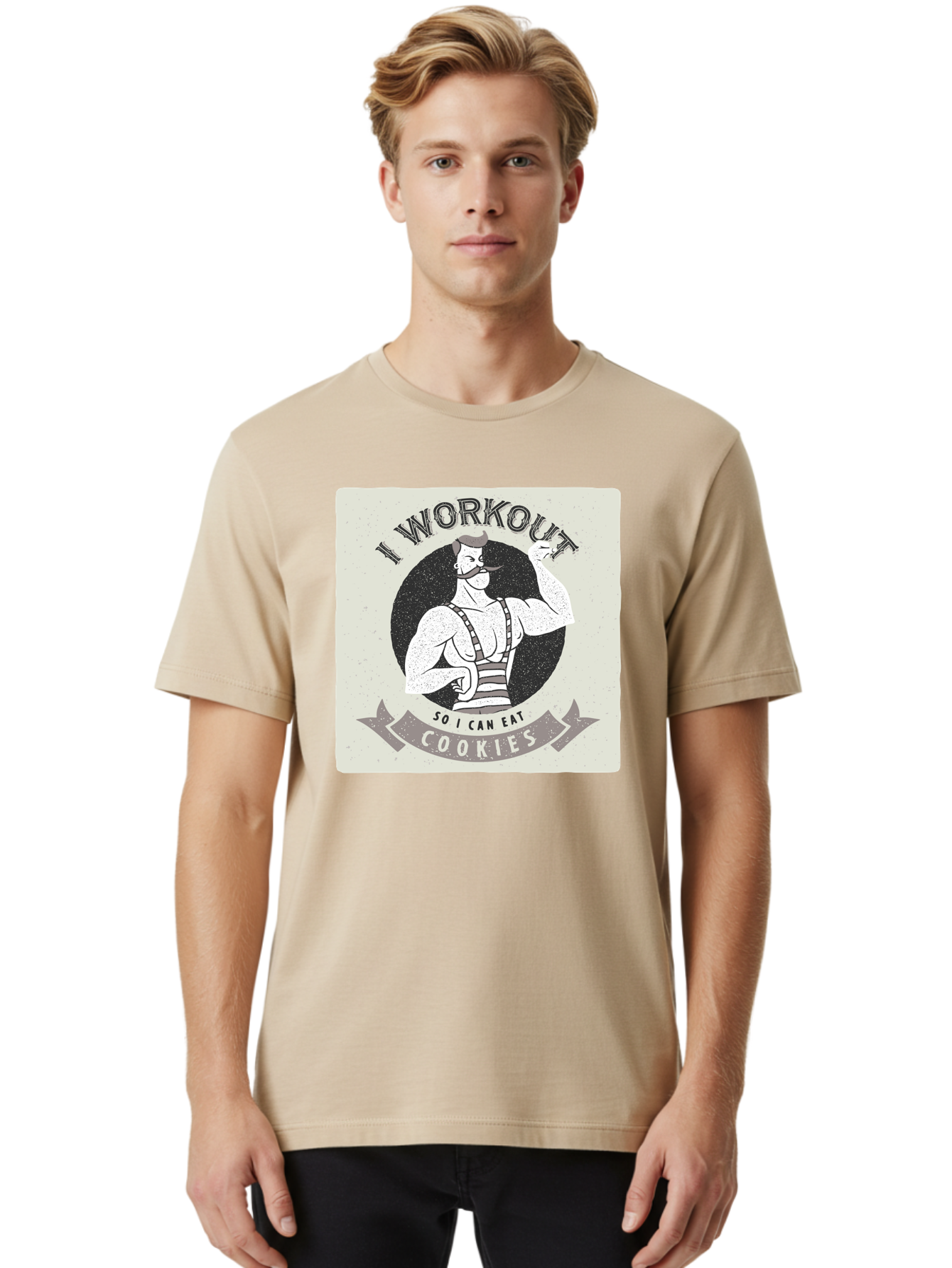 I-Workout-So-I-Can-Eat-Cookies Men'S Graphic Tee, 100% Cotton, Comfortable Casual Summer Wear, Machine Washable, Vintage Fitness Illustration, Muscular Man With Handlebar Mustache, Comic Style Graphic, Humorous Workout Quote, Flexing Muscles, Aac438 10