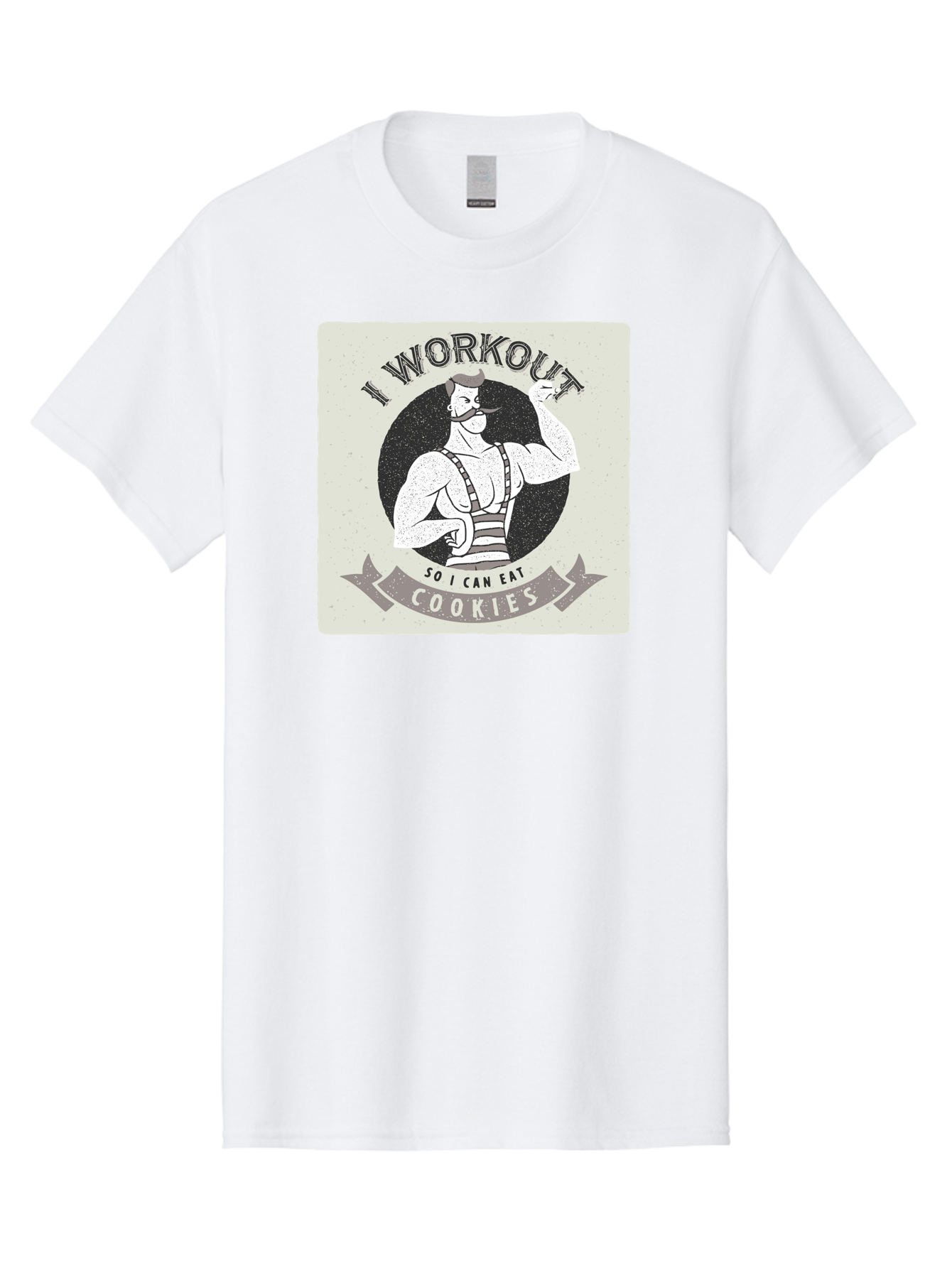 I-Workout-So-I-Can-Eat-Cookies Men'S Graphic Tee, 100% Cotton, Comfortable Casual Summer Wear, Machine Washable, Vintage Fitness Illustration, Muscular Man With Handlebar Mustache, Comic Style Graphic, Humorous Workout Quote, Flexing Muscles, Aac438 5