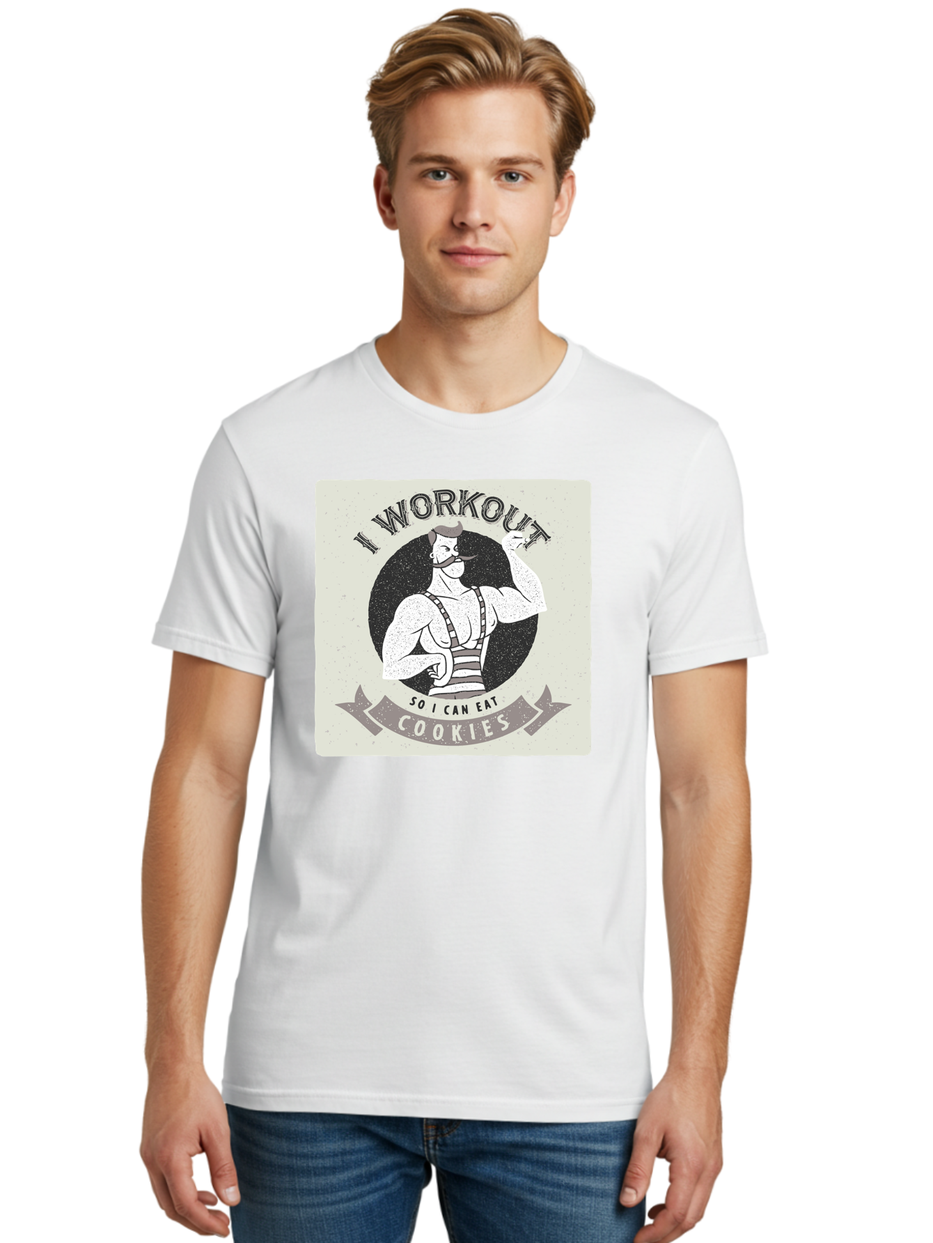 I-Workout-So-I-Can-Eat-Cookies Men'S Graphic Tee, 100% Cotton, Comfortable Casual Summer Wear, Machine Washable, Vintage Fitness Illustration, Muscular Man With Handlebar Mustache, Comic Style Graphic, Humorous Workout Quote, Flexing Muscles, Aac438 6