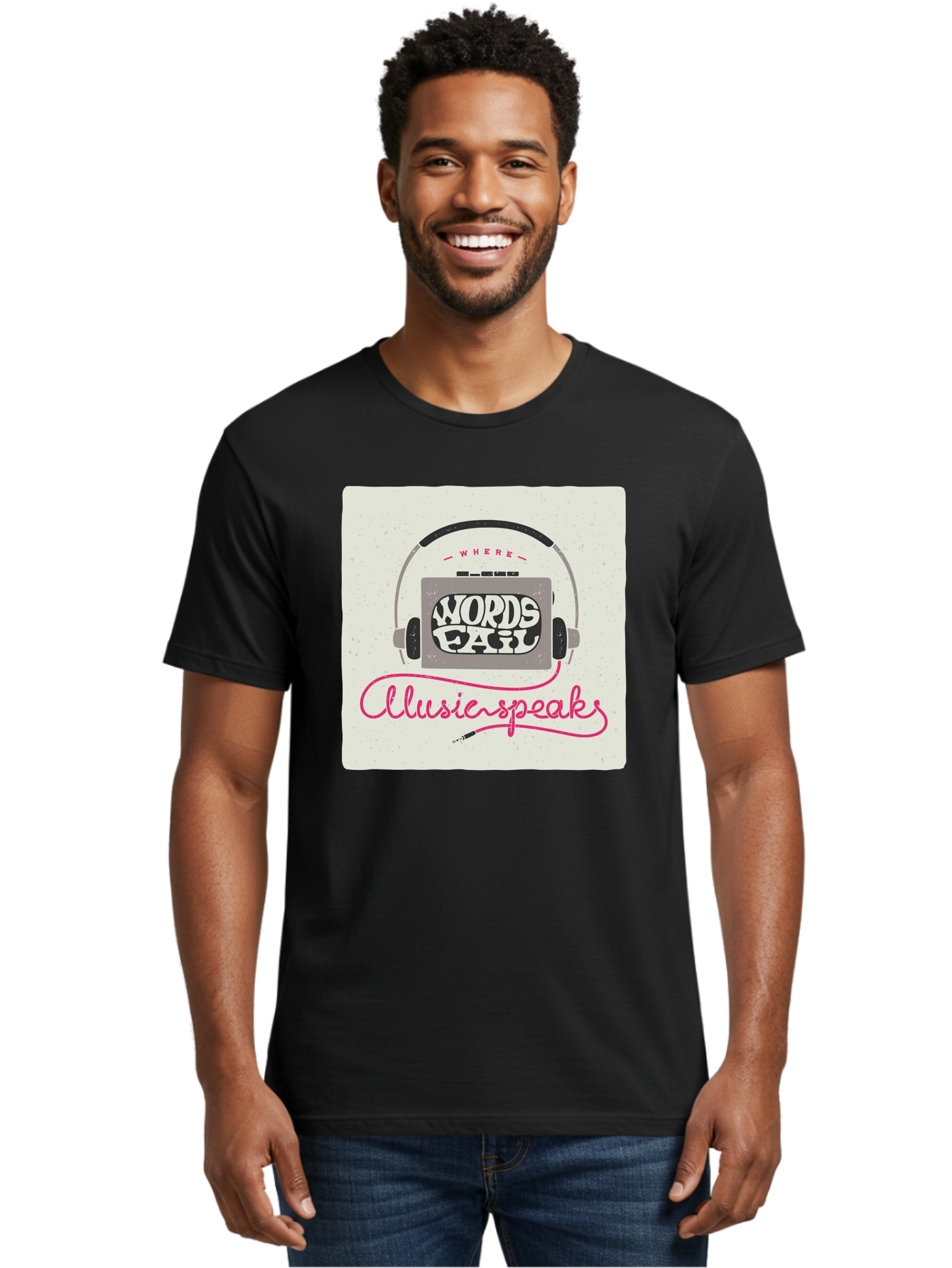 Where-Words-Fail-Music-Speaks-1 Men'S Graphic Tee, 100% Cotton, Comfortable Casual Summer Wear, Machine Washable, Music Speaks, Where Words Fail, Inspirational Quotes, Motivational Phrases, Music Headphones, Retro Style, Artistic Expression, Aac440 24