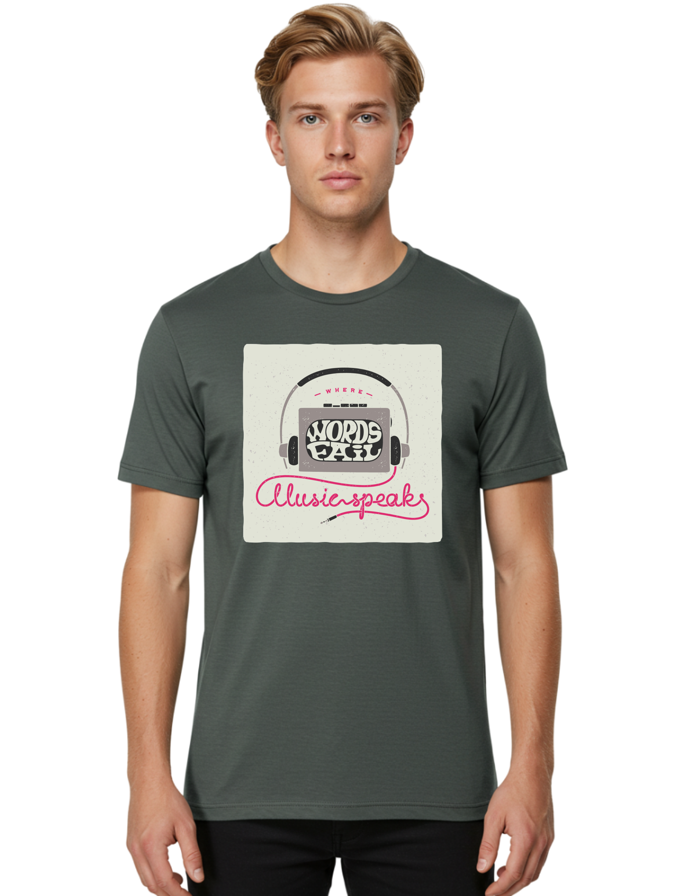 Where-Words-Fail-Music-Speaks-1 Men'S Graphic Tee, 100% Cotton, Comfortable Casual Summer Wear, Machine Washable, Music Speaks, Where Words Fail, Inspirational Quotes, Motivational Phrases, Music Headphones, Retro Style, Artistic Expression, Aac440 8