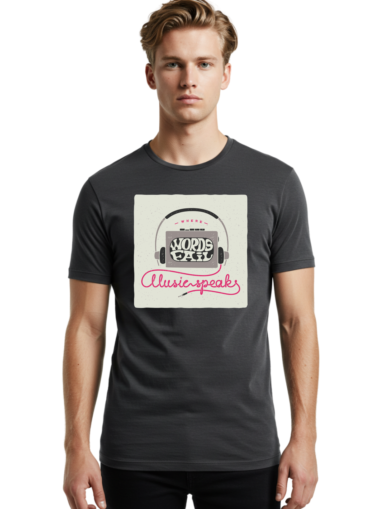 Where-Words-Fail-Music-Speaks-1 Men'S Graphic Tee, 100% Cotton, Comfortable Casual Summer Wear, Machine Washable, Music Speaks, Where Words Fail, Inspirational Quotes, Motivational Phrases, Music Headphones, Retro Style, Artistic Expression, Aac440 22