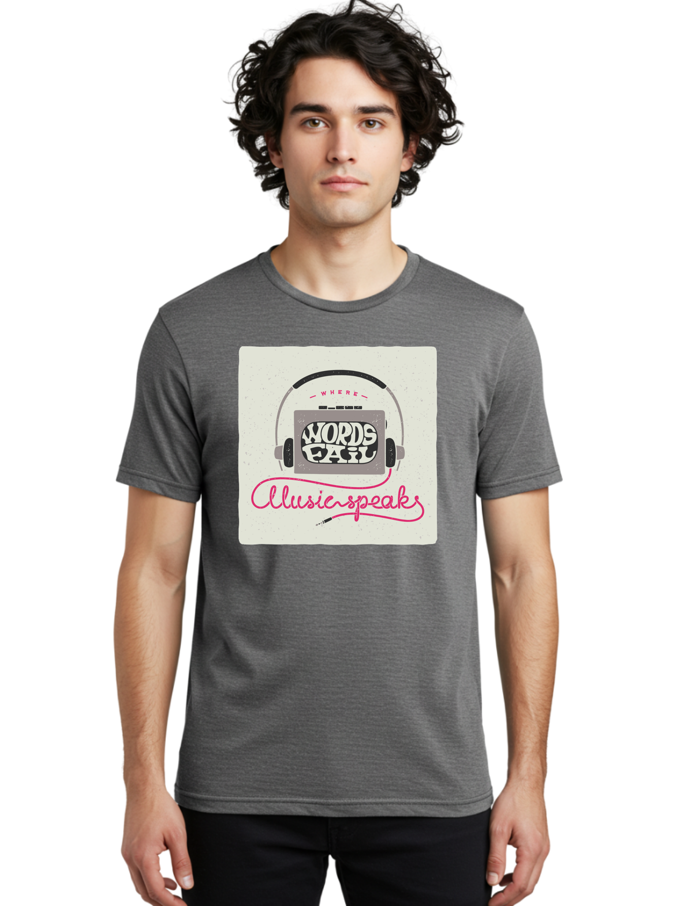 Where-Words-Fail-Music-Speaks-1 Men'S Graphic Tee, 100% Cotton, Comfortable Casual Summer Wear, Machine Washable, Music Speaks, Where Words Fail, Inspirational Quotes, Motivational Phrases, Music Headphones, Retro Style, Artistic Expression, Aac440 18