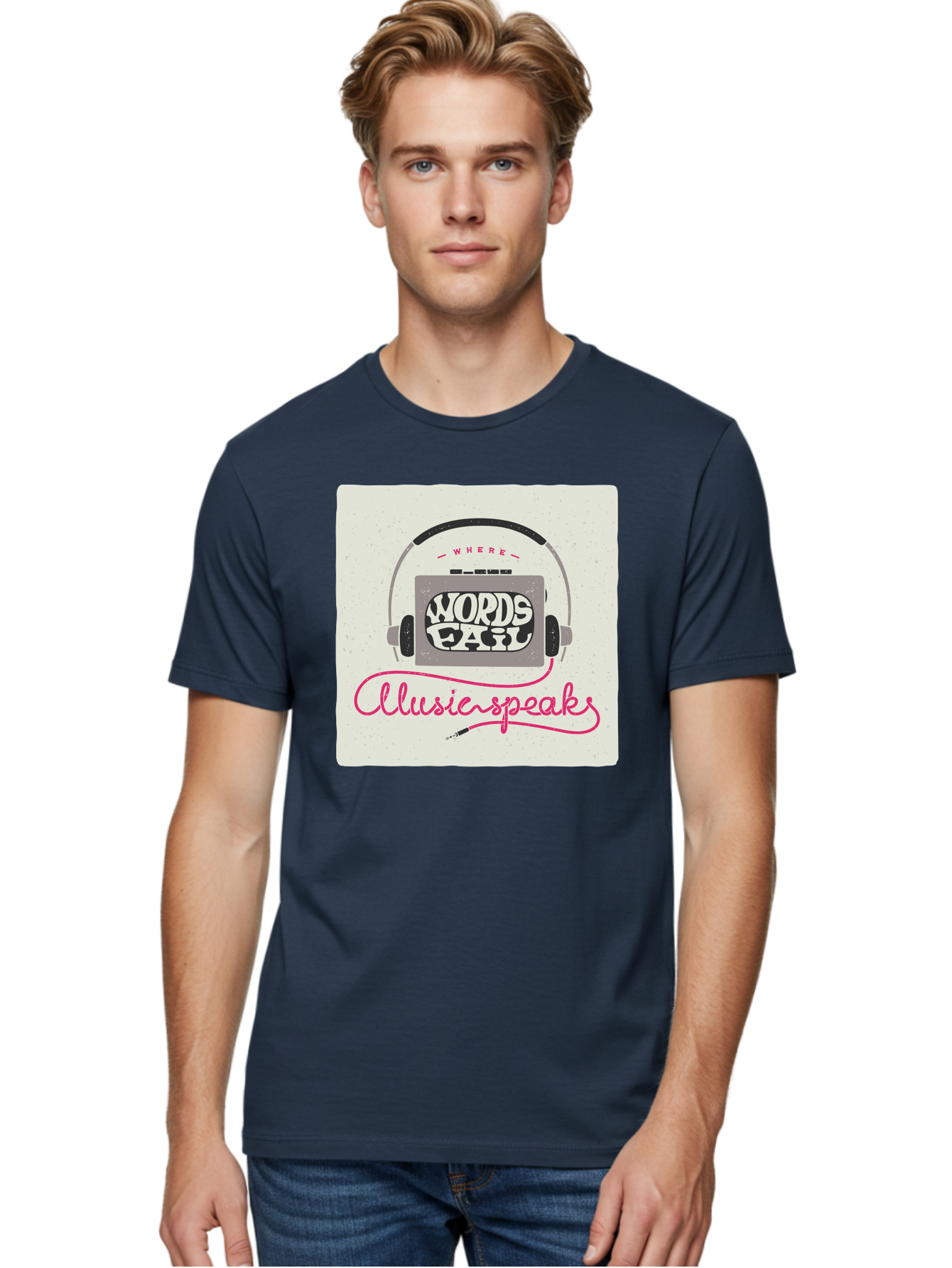 Where-Words-Fail-Music-Speaks-1 Men'S Graphic Tee, 100% Cotton, Comfortable Casual Summer Wear, Machine Washable, Music Speaks, Where Words Fail, Inspirational Quotes, Motivational Phrases, Music Headphones, Retro Style, Artistic Expression, Aac440 6