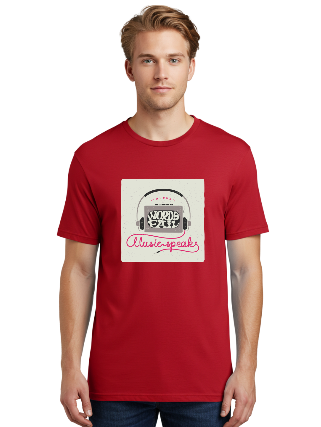 Where-Words-Fail-Music-Speaks-1 Men'S Graphic Tee, 100% Cotton, Comfortable Casual Summer Wear, Machine Washable, Music Speaks, Where Words Fail, Inspirational Quotes, Motivational Phrases, Music Headphones, Retro Style, Artistic Expression, Aac440 30