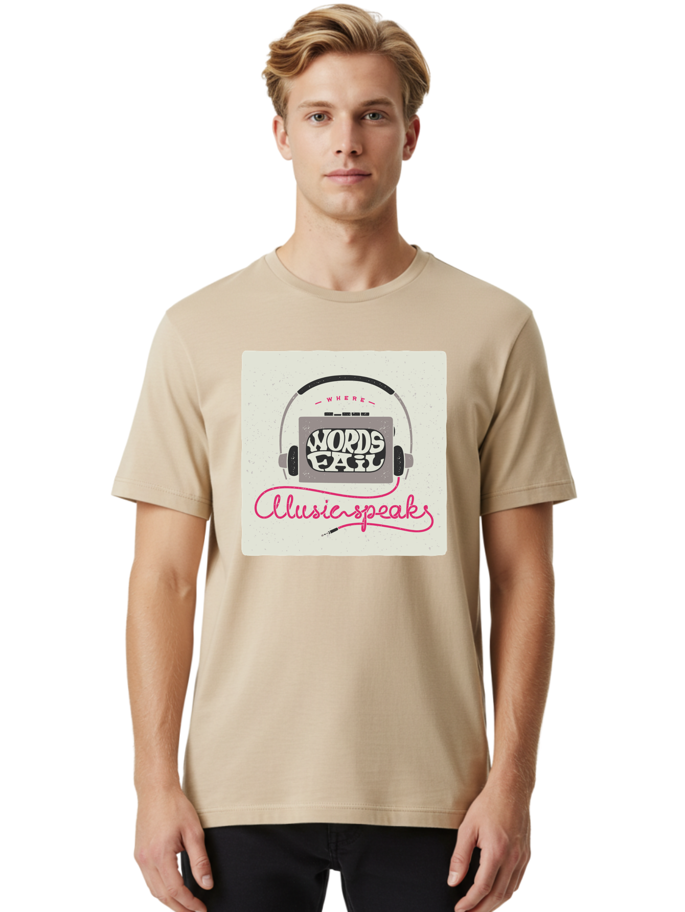 Where-Words-Fail-Music-Speaks-1 Men'S Graphic Tee, 100% Cotton, Comfortable Casual Summer Wear, Machine Washable, Music Speaks, Where Words Fail, Inspirational Quotes, Motivational Phrases, Music Headphones, Retro Style, Artistic Expression, Aac440 2