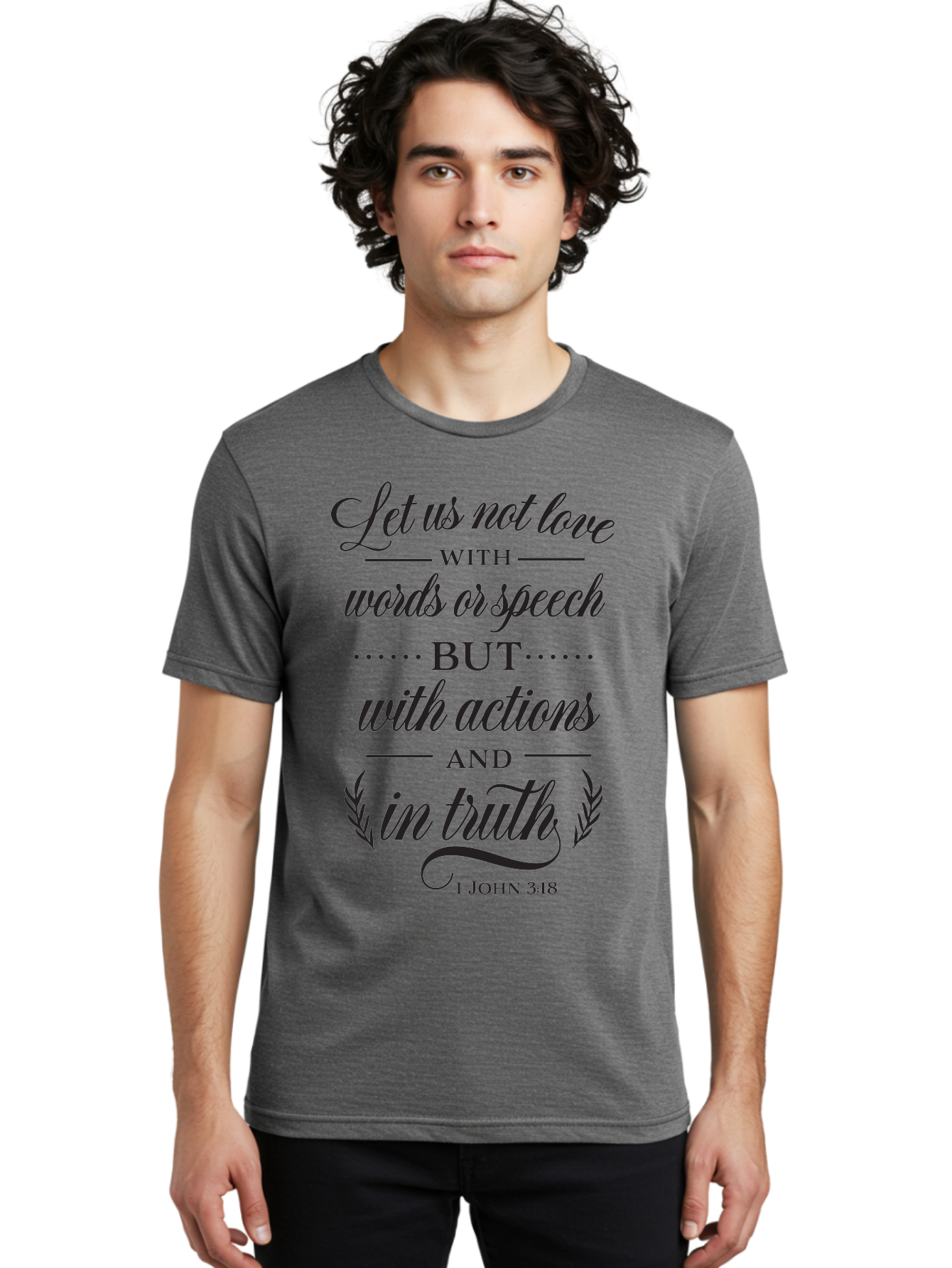 1-John-3-18 Men'S Graphic Tee, 100% Cotton, Comfortable Casual Summer Wear, Machine Washable, Inspirational Quote, Biblical Verse, 1 John 3:18, Love In Truth, Actions Over Words, Spiritual Guidance, Faith-Based Message, Motivational Words Aac442 18