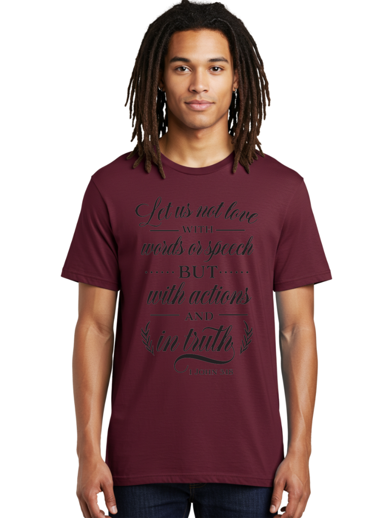 1-John-3-18 Men'S Graphic Tee, 100% Cotton, Comfortable Casual Summer Wear, Machine Washable, Inspirational Quote, Biblical Verse, 1 John 3:18, Love In Truth, Actions Over Words, Spiritual Guidance, Faith-Based Message, Motivational Words Aac442 24