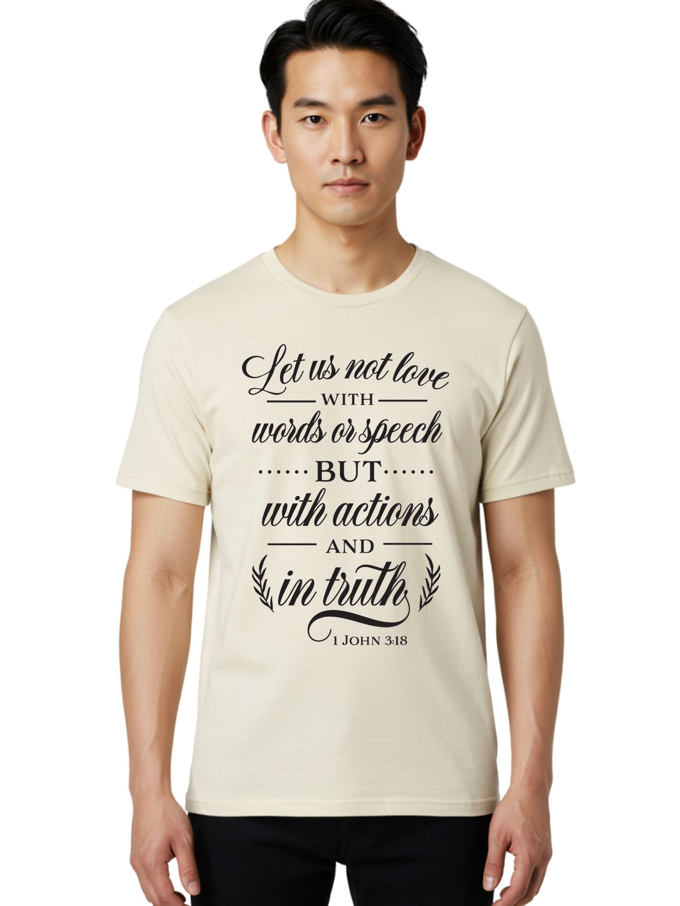 1-John-3-18 Men'S Graphic Tee, 100% Cotton, Comfortable Casual Summer Wear, Machine Washable, Inspirational Quote, Biblical Verse, 1 John 3:18, Love In Truth, Actions Over Words, Spiritual Guidance, Faith-Based Message, Motivational Words Aac442 16
