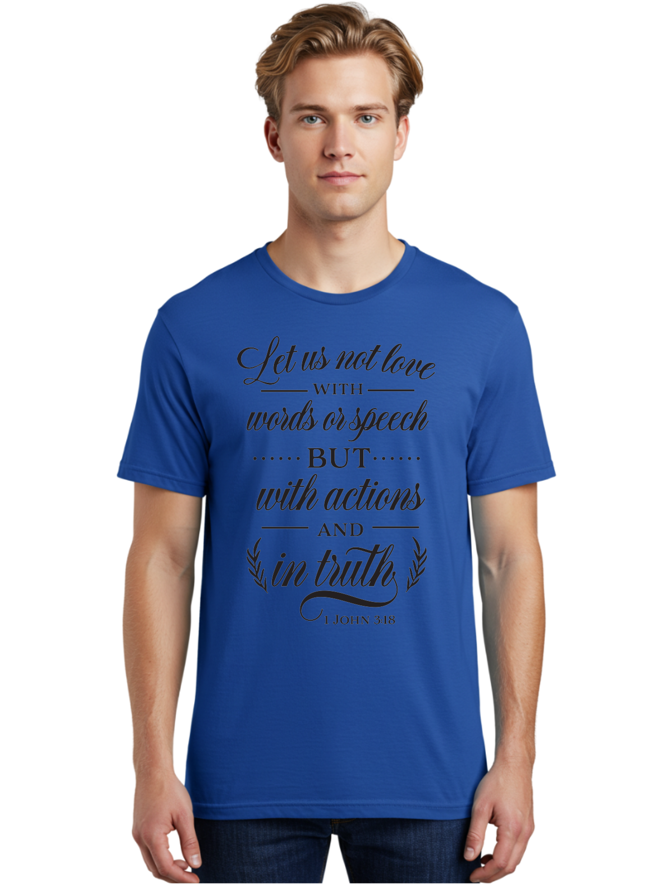 1-John-3-18 Men'S Graphic Tee, 100% Cotton, Comfortable Casual Summer Wear, Machine Washable, Inspirational Quote, Biblical Verse, 1 John 3:18, Love In Truth, Actions Over Words, Spiritual Guidance, Faith-Based Message, Motivational Words Aac442 26