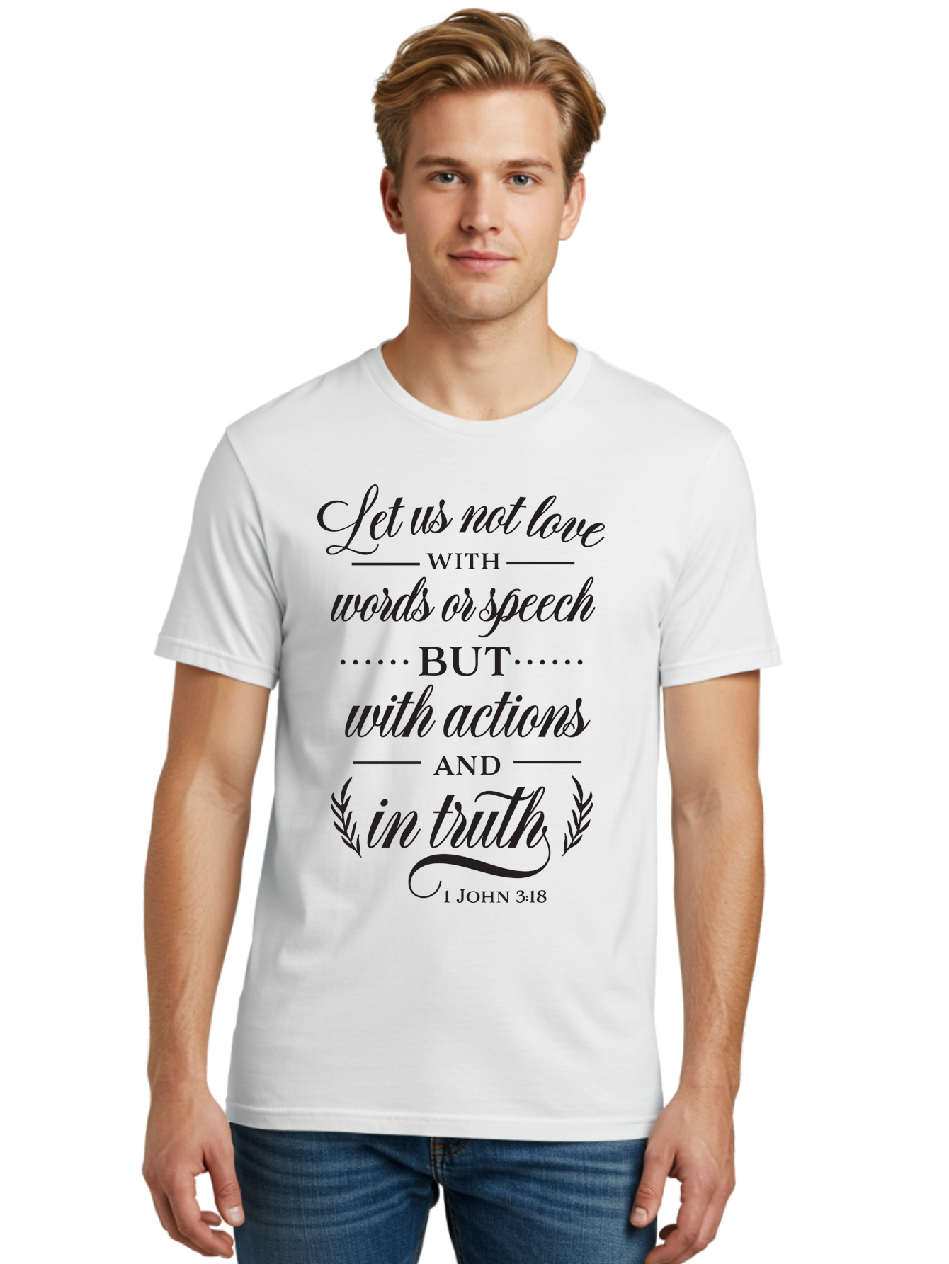 1-John-3-18 Men'S Graphic Tee, 100% Cotton, Comfortable Casual Summer Wear, Machine Washable, Inspirational Quote, Biblical Verse, 1 John 3:18, Love In Truth, Actions Over Words, Spiritual Guidance, Faith-Based Message, Motivational Words Aac442 22