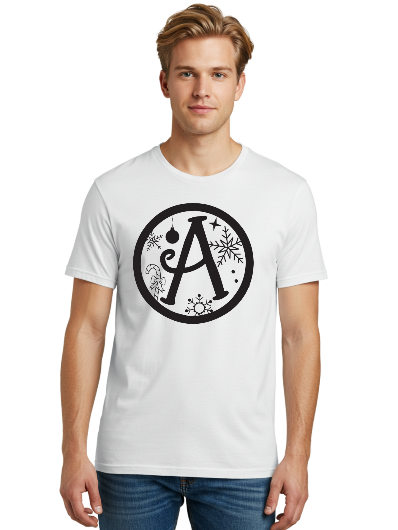 A Men'S Graphic Tee, 100% Cotton, Comfortable Casual Summer Wear, Machine Washable, Christmas Decorations, Black Letter A, Snowflakes, Candy Cane, Christmas Ornament, Holiday Themes, Festive Designs, Winter Wonderland, Christmas Symbols, Aac448 30