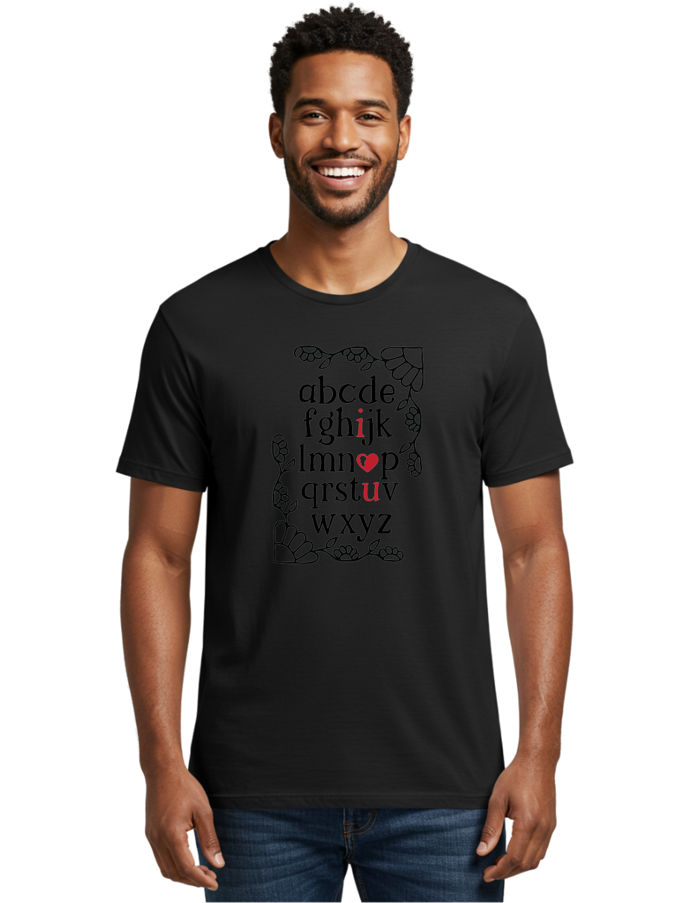 Alphabet-Abcdefghijklmnopqrstuvwxyz Men'S Graphic Tee, 100% Cotton, Comfortable Casual Summer Wear, Machine Washable, Typography Illustration, Alphabet Letters, Floral Vines, Paw Prints, Heart Symbol, Red Accents, Black Font, Creative Design, Aac465 18