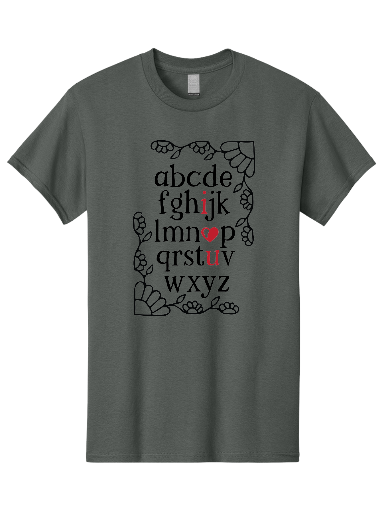 Alphabet-Abcdefghijklmnopqrstuvwxyz Men'S Graphic Tee, 100% Cotton, Comfortable Casual Summer Wear, Machine Washable, Typography Illustration, Alphabet Letters, Floral Vines, Paw Prints, Heart Symbol, Red Accents, Black Font, Creative Design, Aac465 3
