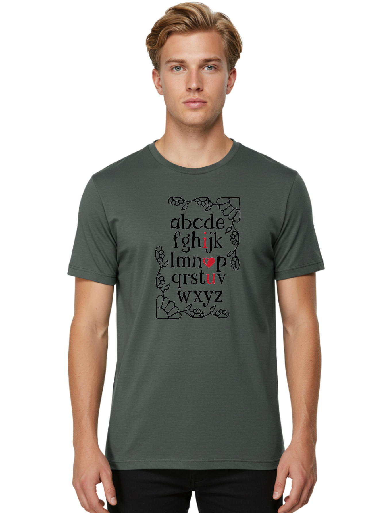 Alphabet-Abcdefghijklmnopqrstuvwxyz Men'S Graphic Tee, 100% Cotton, Comfortable Casual Summer Wear, Machine Washable, Typography Illustration, Alphabet Letters, Floral Vines, Paw Prints, Heart Symbol, Red Accents, Black Font, Creative Design, Aac465 4