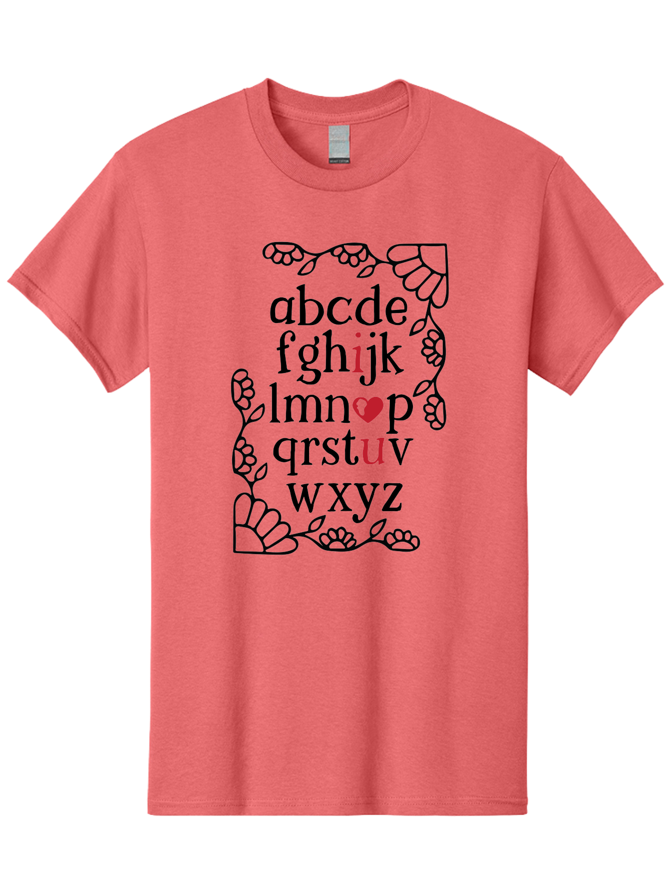 Alphabet-Abcdefghijklmnopqrstuvwxyz Men'S Graphic Tee, 100% Cotton, Comfortable Casual Summer Wear, Machine Washable, Typography Illustration, Alphabet Letters, Floral Vines, Paw Prints, Heart Symbol, Red Accents, Black Font, Creative Design, Aac465 5